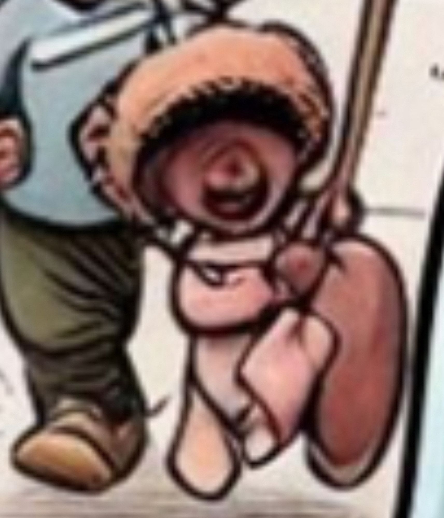 Detail from the shared illustration, showing a nightmare figure catering in the background or maybe it’s some sort of teddy bear clipped onto a purse strap. The perspective is unnatural.