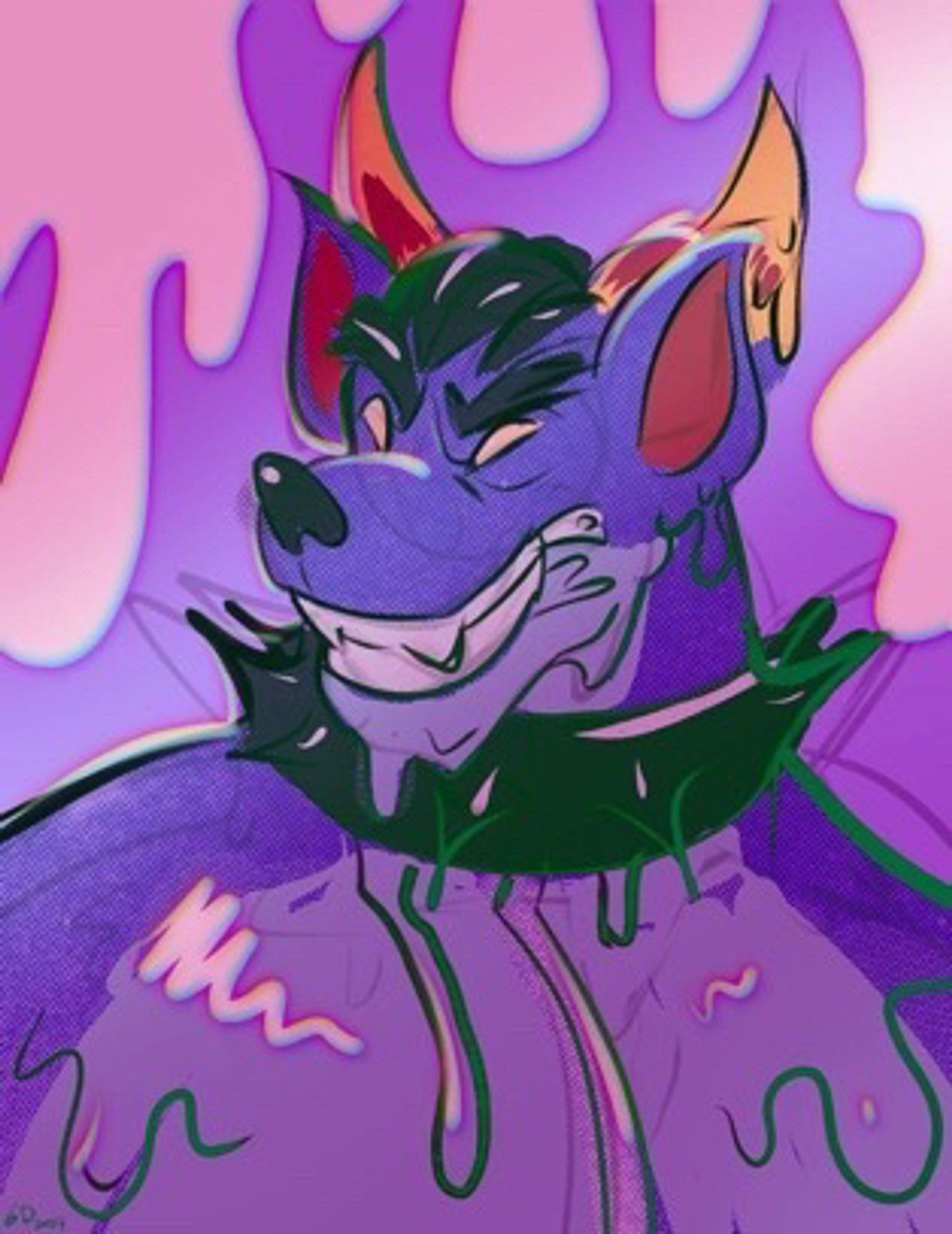 A smirking and slowly melting hellhound staring to the left