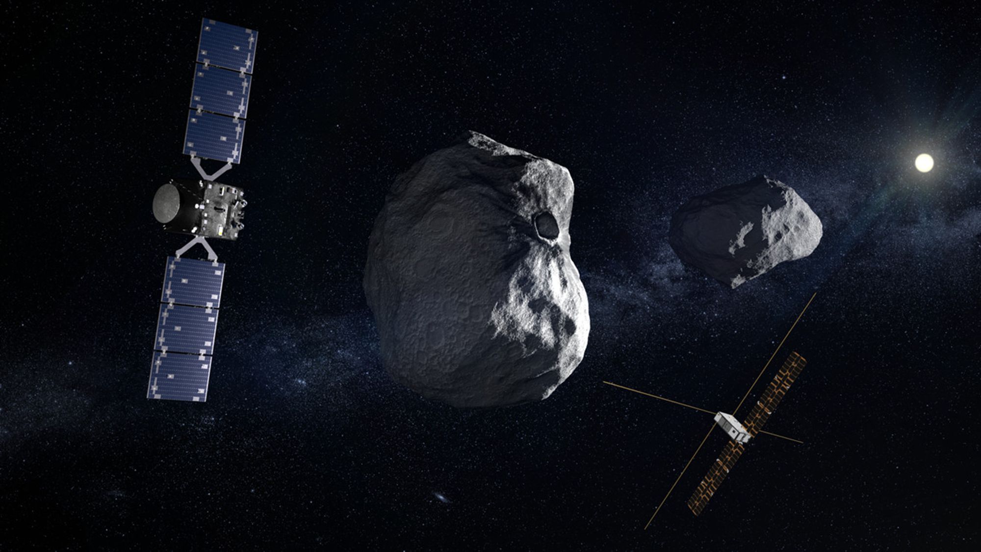 An asteroid around which orbit one big satellite and a smaller one