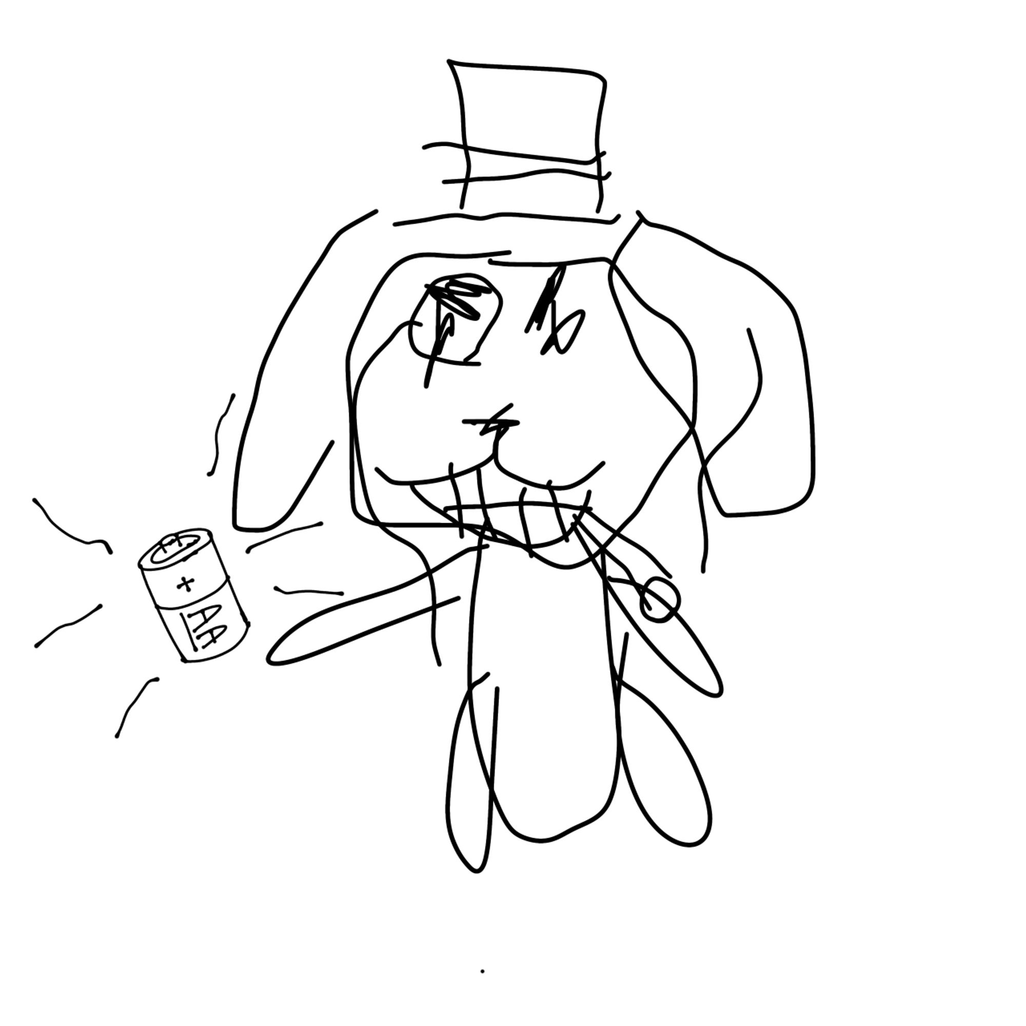 A poorly drawn smile dog holding a decently drawn battery. The dog now has a top hat, monocle, and cigar.