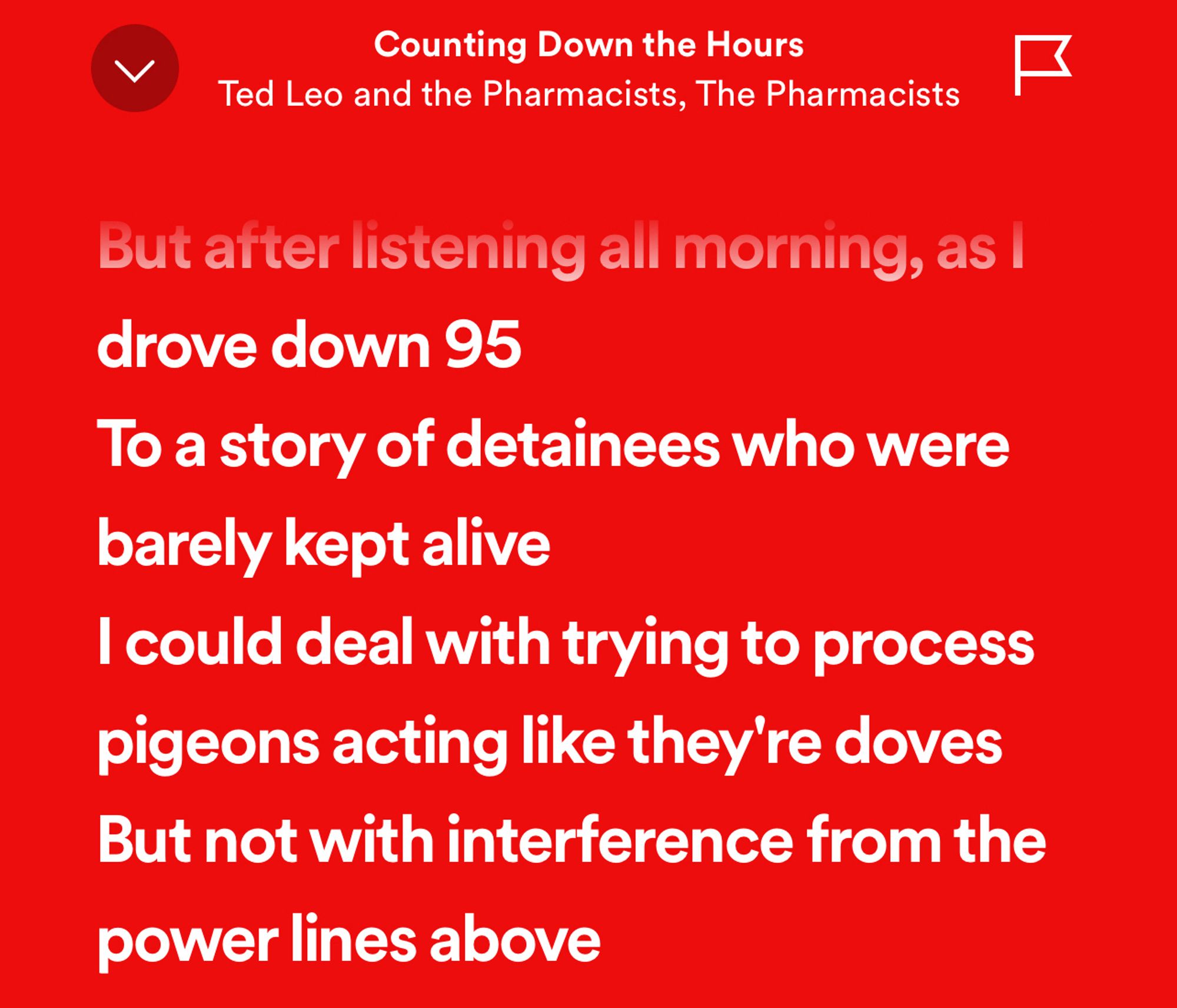 lyrics to Ted Leo and the Pharmacists's "Counting Down the Hours":
But after listening all morning as I drove down 95
To a story of detainees who were barely kept alive
I could deal with trying to process pigeons acting like they're doves
But not with interference from the power lines above