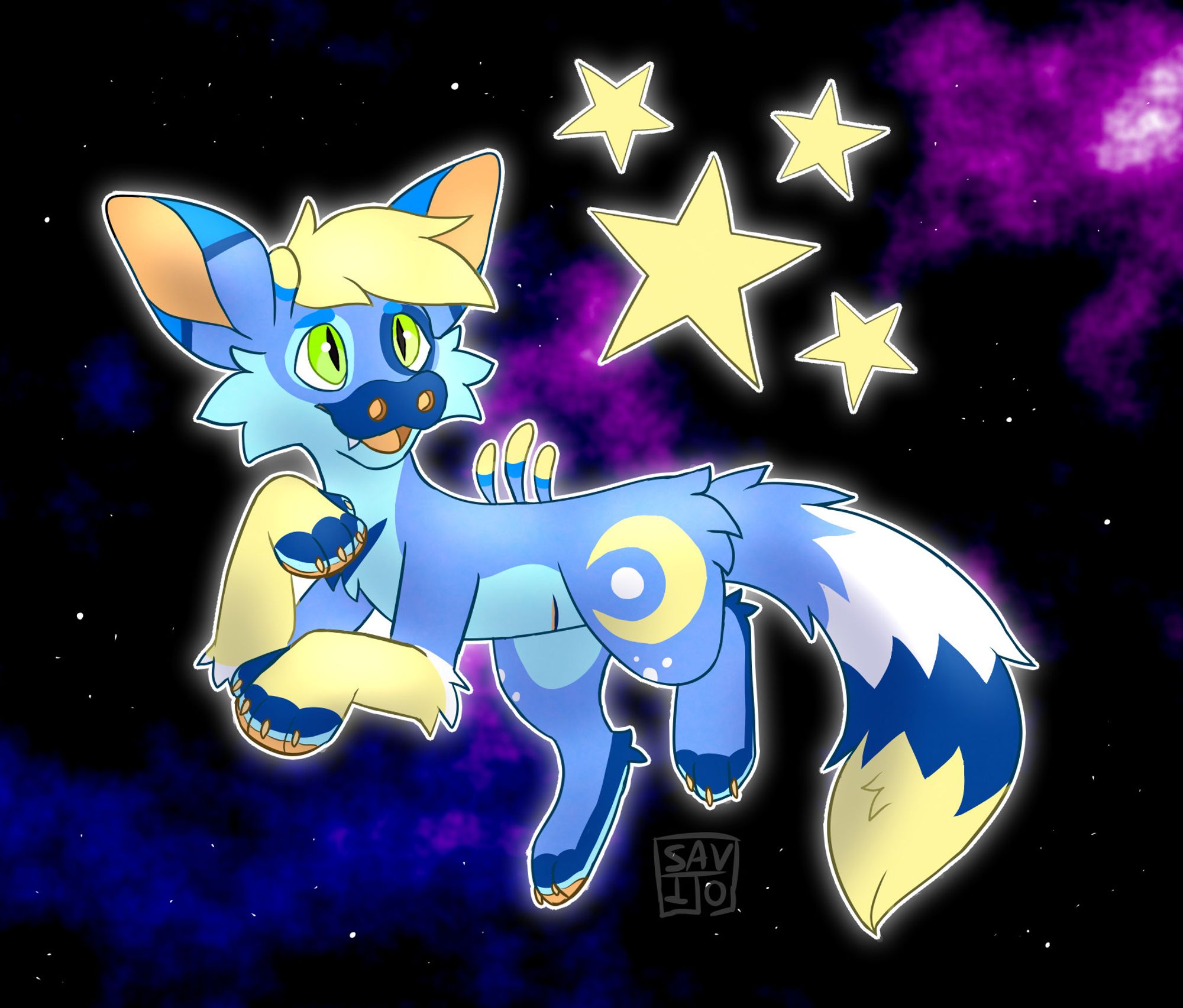 a digital fullbody drawing of Sparks the blue and yellow Xero floating through space and smiling at some floating stars.