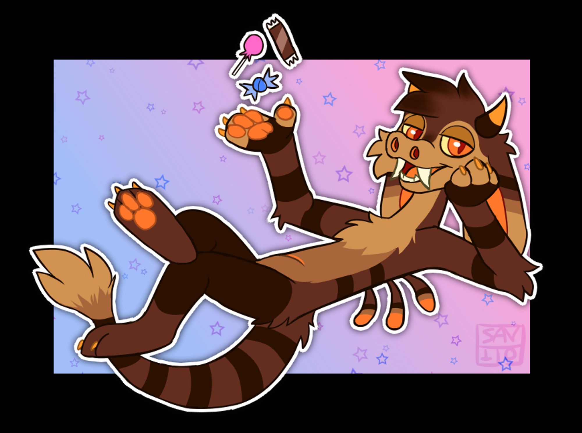 Digital fullbody drawing of Reeses the brown and orange Xero. He is lounging on his back looking smug and tossing a handful of candy in the air.