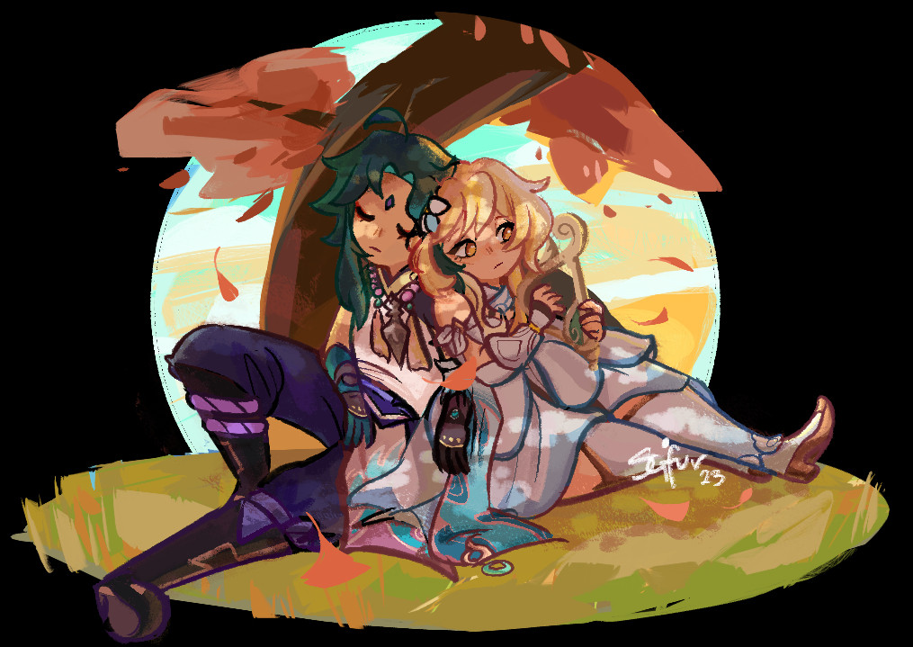 art of Xiao and Lumine resting under a tree.