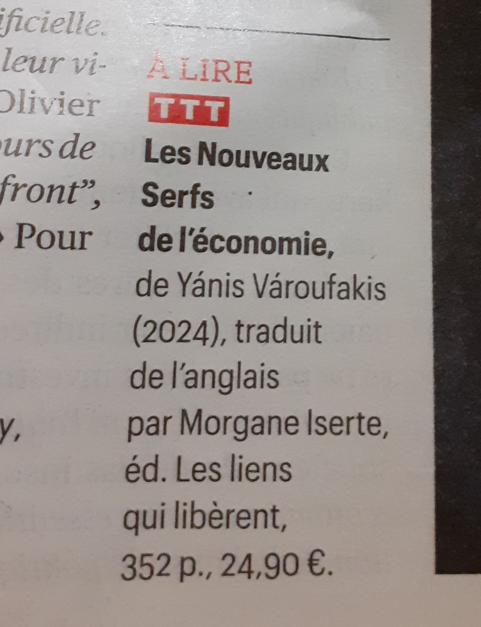 Les nouveaux serfs de l'économie, par Yánis Váriudakis (2024) traduit de l'anglais par Morgane Isère, éd. Les liens qui libèrent, 352 p., 24,90 €