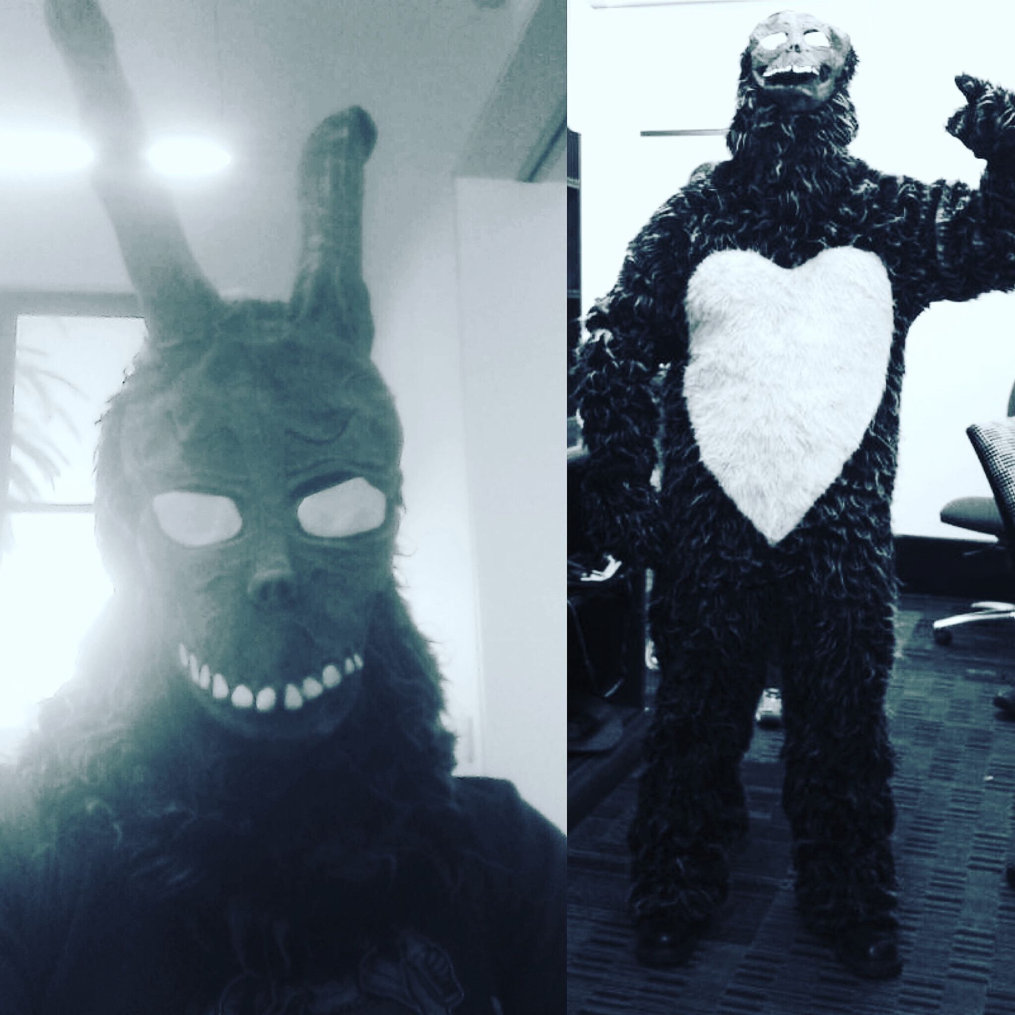 Collage of author dressed as Frank - a humanoid nightmarish rabbit in black and white photos. Left hand side close up of face, right hand side full body pose pointing at camera with left hand. 