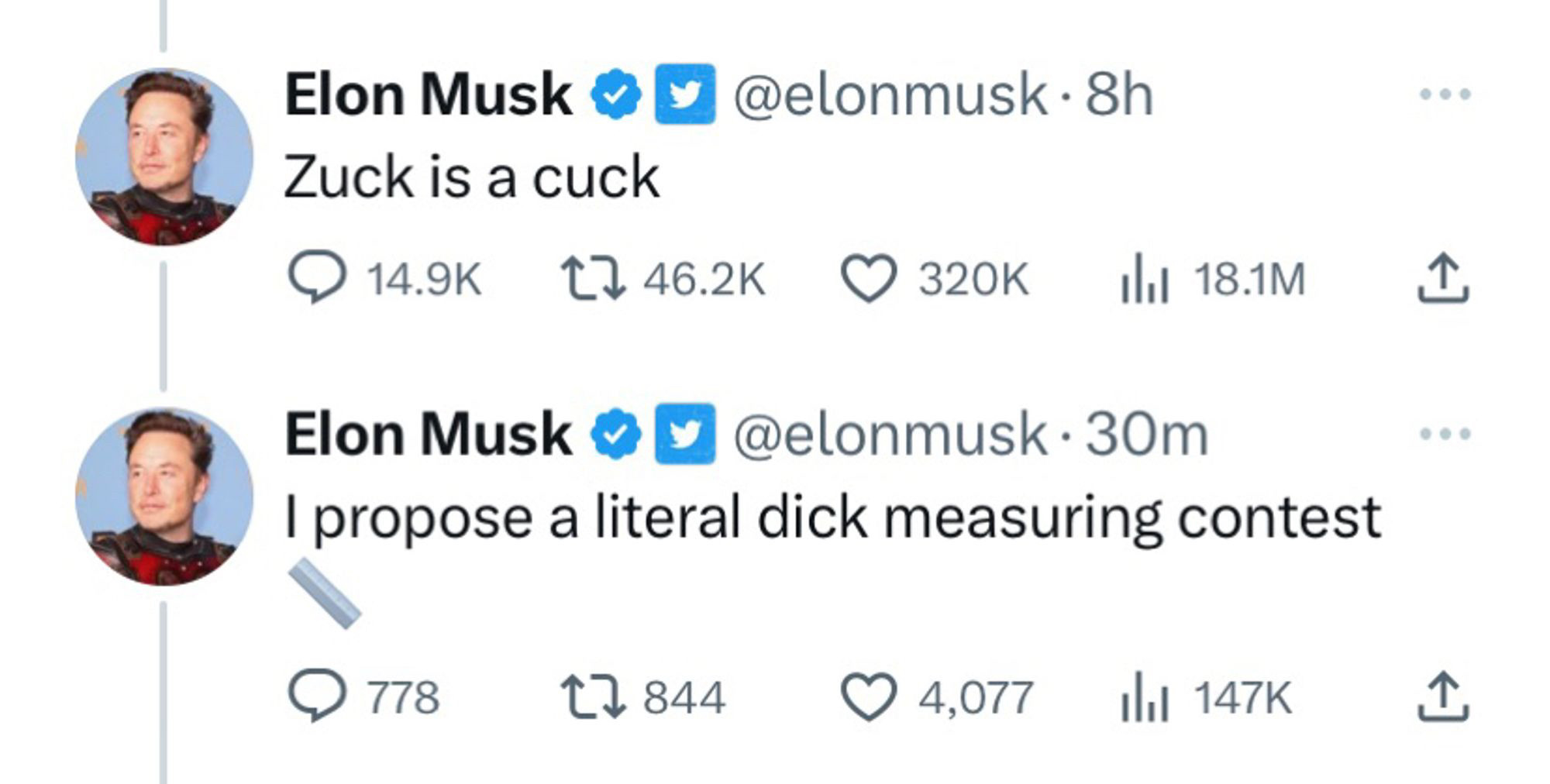 screenshot of twi tweets where Elon Musk calls Mark Zuckerberg "a cuck," and then challenges him to s "literal dick measuring contest." 