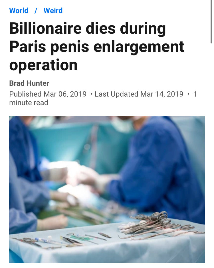 screenshot of a headline announcing the death of a billionaire during penis enlargement surgery