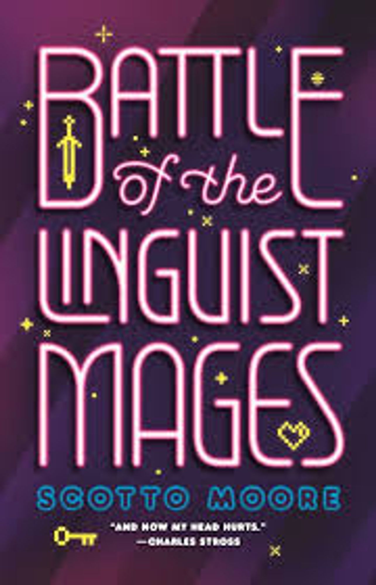 A book with a purple background. It's Battle of the Linguist Mages by Scotto Moore