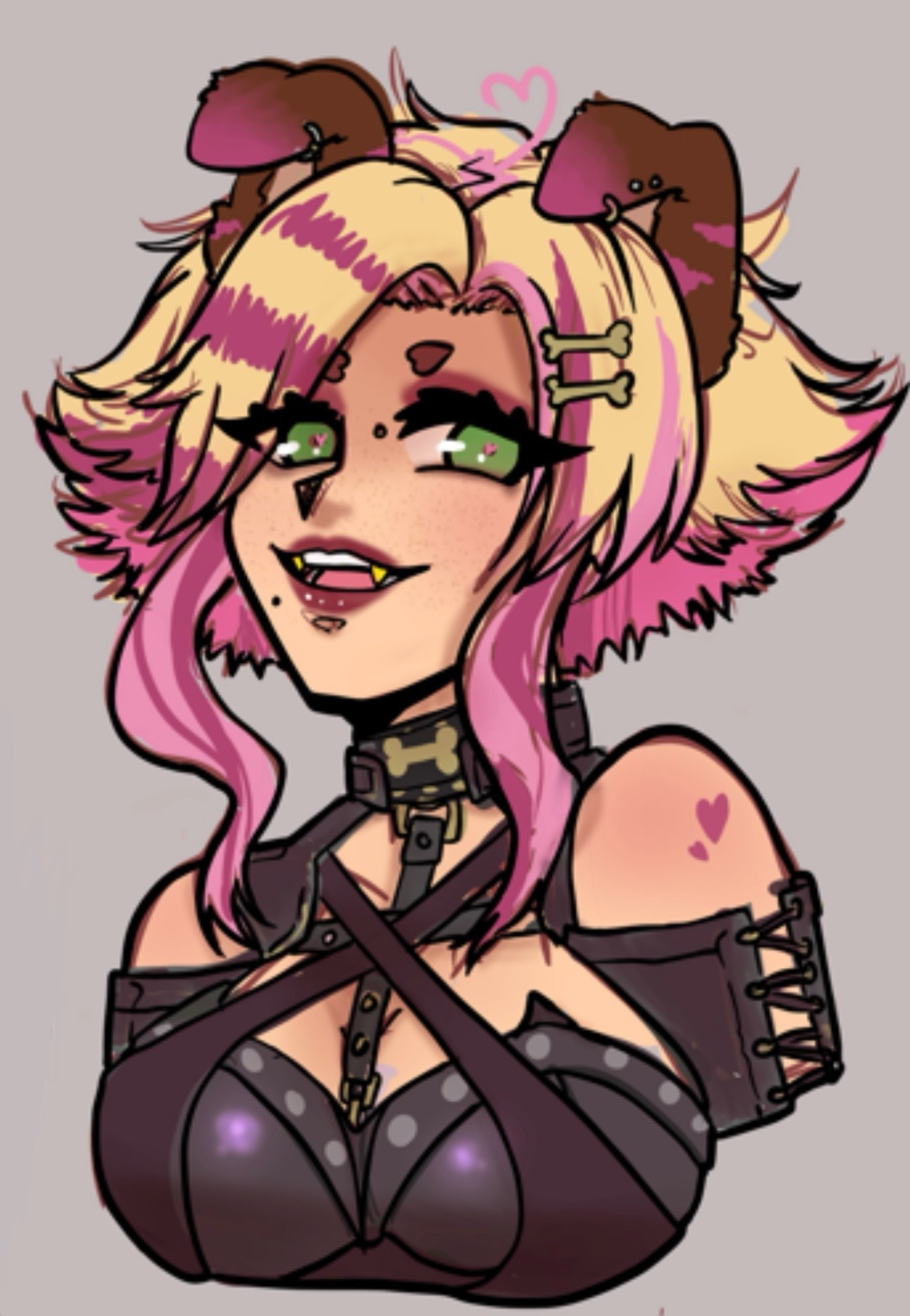 bunnie amora's goth form, an unfinished bust up by crafty oni. bunnie has fluffy blonde hair with pink streaks and the bottom dyed pink, a heart shaped ahoge on the top of their head also dyed pink, and floppy dark pink puppy ears. their eyes are bright green with pink hearts in the pupils, and they have on dark pink eyeshadow and lipstick. their eyebrows are shaved to be heart shaped, and they have multiple gold piercings in their ears and face, most notably a bridge piercing, a labret, and fang piercings. they have freckles across their cheeks and a mole next to their mouth. bunnie is wearing a complicated leather harness featuring gold detailing, corset-type lace up sleeves, and a collar with a dog bone matching the two dog bone hair clips in their hair. they have a tattoo on their shoulder that is two hearts in bright pink. 