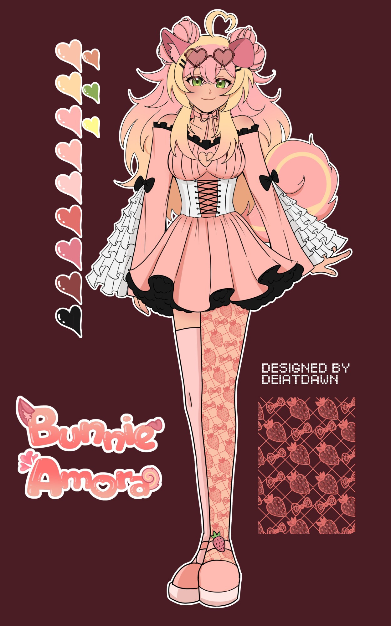 a reference sheet for bunnie amora's idol form. bunnie has tan skin, green eyes, and pink and blonde gradient hair. they have floppy darker pink puppy ears, and a curly, fluffy tail in the same colors as their hair. they're wearing a pink dress with black ruffle detailing around the neckline, a keyhole heart on the chest, white ruffles on the sleeves, a white corset, and a black petticoat underneath. they have on mismatched stockings- one a pink thigh high, and one that is pink fishnets with bows and strawberries as the design. their shoes are pink mary janes with a strawberry on the straps. text next to the body reads "designed by dei at dawn" and her logo reads "bunnie amora" with her ears, tail, and some hearts drawn next to it. the logo is gummy style and gradients between pink and darker pink. there is also a close up of the fishnet design, and hearts to color pick from for artists use.