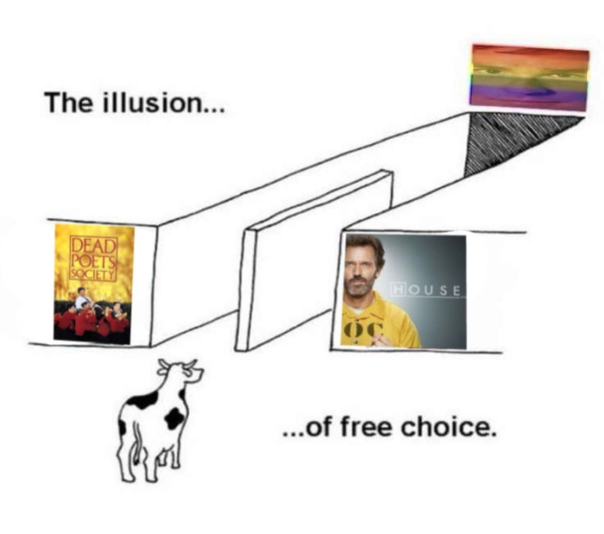 Um meme de uma vaquinha escolhendo o caminho  escrito "The Illustion of free choice". Um caminho é o filme Sociedade dos Poetas Mortos e o outro é o seriado House, e ambos terminam com o ator do Wilson de House num filtro de uma bandeira gay