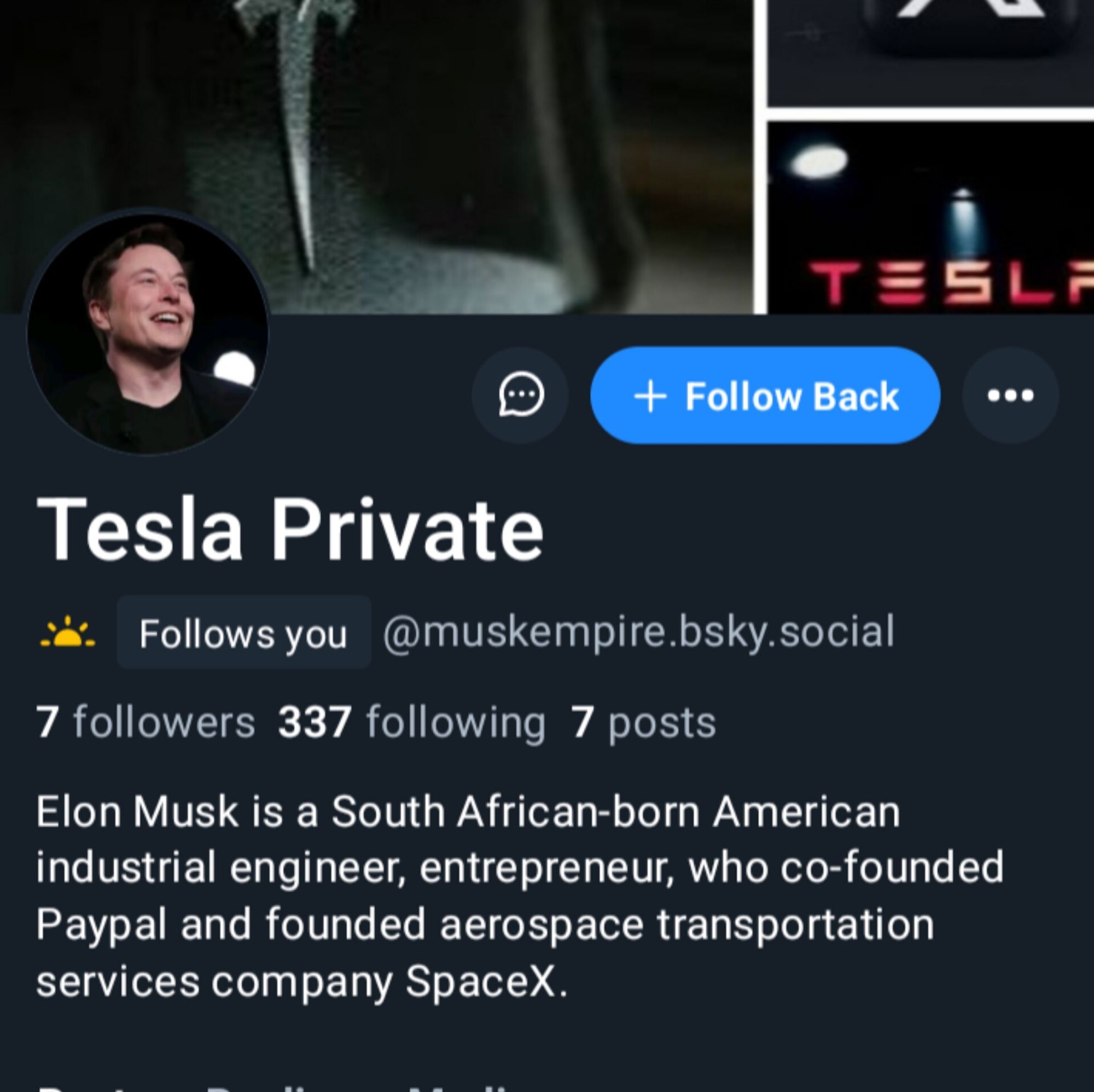 A Tesla private Elon musk spam account 

Muskempire