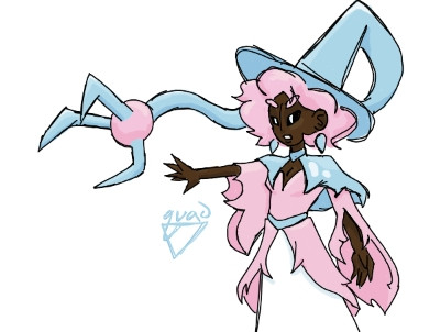 A drawing of a humanized version of the Pokemon Hatterene. She's a short Black woman with a large pastel blue witch hat that has the same ball/claw thing attached to the end as the Pokemon, which is currently extending out to a point on the left. Her clothing is all shades of pale pink, blue, and white and looks tattered at the end to evoke the feeling of hair. Her eyes are solid black with white pupils and are also glaring off to the left.