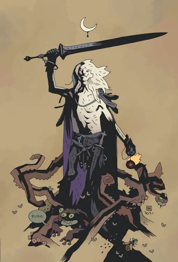 Mike Mignola's drawing of Elric of Melniboné with Stormbringer held aloft