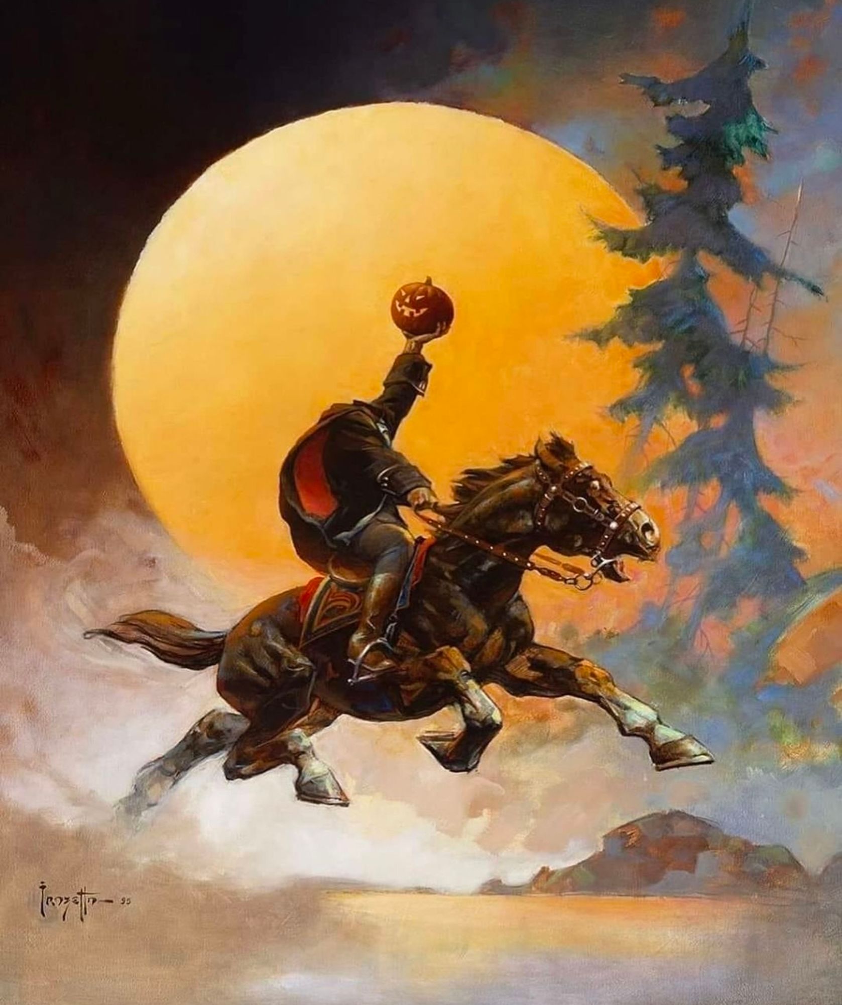 The Headless Horseman holding his Jack o Lantern head aloft in front of an impossibly large full moon