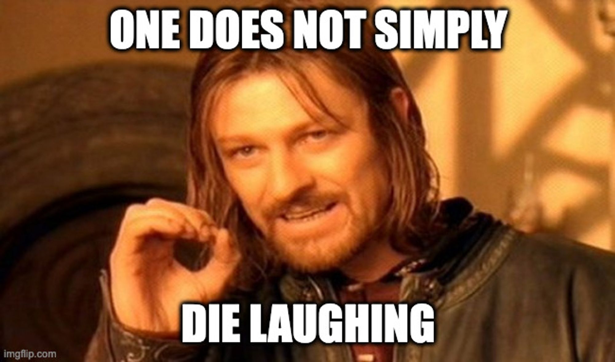 Sean Bean as Boromir in Lord of the Rings, sternly telling the camera (in meme format) "One does not simply Die Laughing"