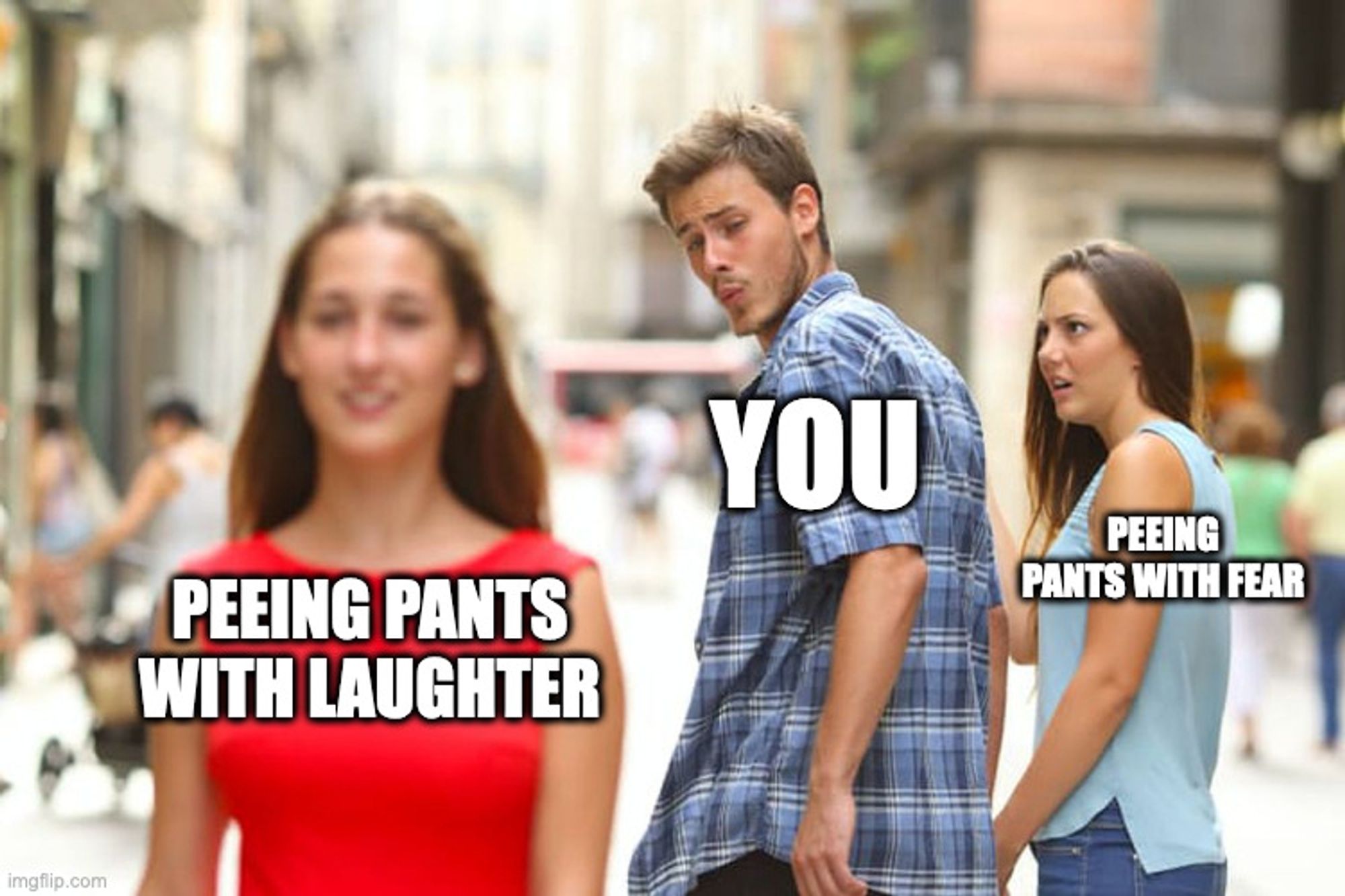 That meme where the boyfriend is staring at the girl in the red dress while his girlfriend looks on in disgust. Boyfriend is you. Girlfriend is "peeing pants with fear". Red dress is "peeing pants with laughter".