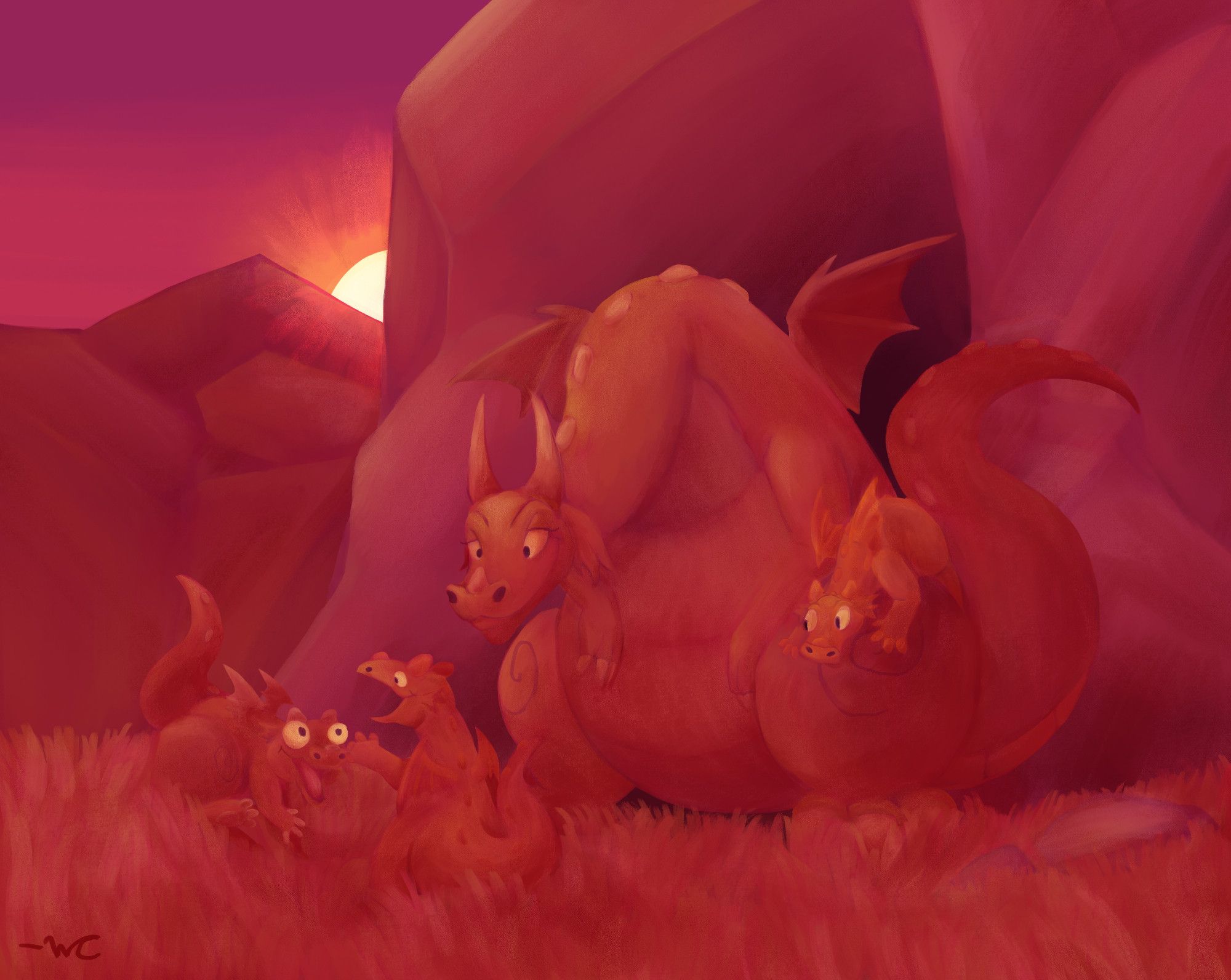 A digital painting of a cartoon dragon and her children. Two of the baby dragons are playing in front of their cave while mom watches. Another baby is sat on her leg. The time is sunset; the whole piece is painting with pinks and yellows.