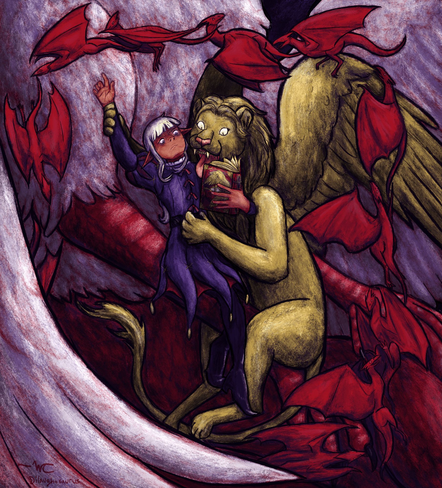 Dungeon Meshi fan art focusing on Thistle and The Winged Lion. They are both center frame. Thistle is holding his book and appears to have a hand raised. The Winged Lion is in fact holding Thistle's wrist and embracing him with a hungry expression. Behind them is the chimera and surrounding them are the Eyes of the Magician.