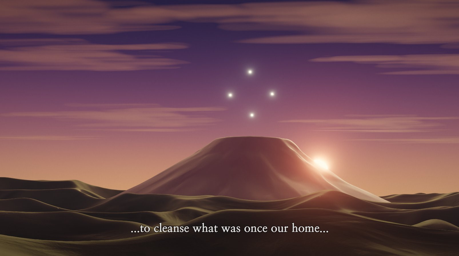 A supervolcano with 4 stars floating right above it, with the caption "...to cleanse what was once our home..."