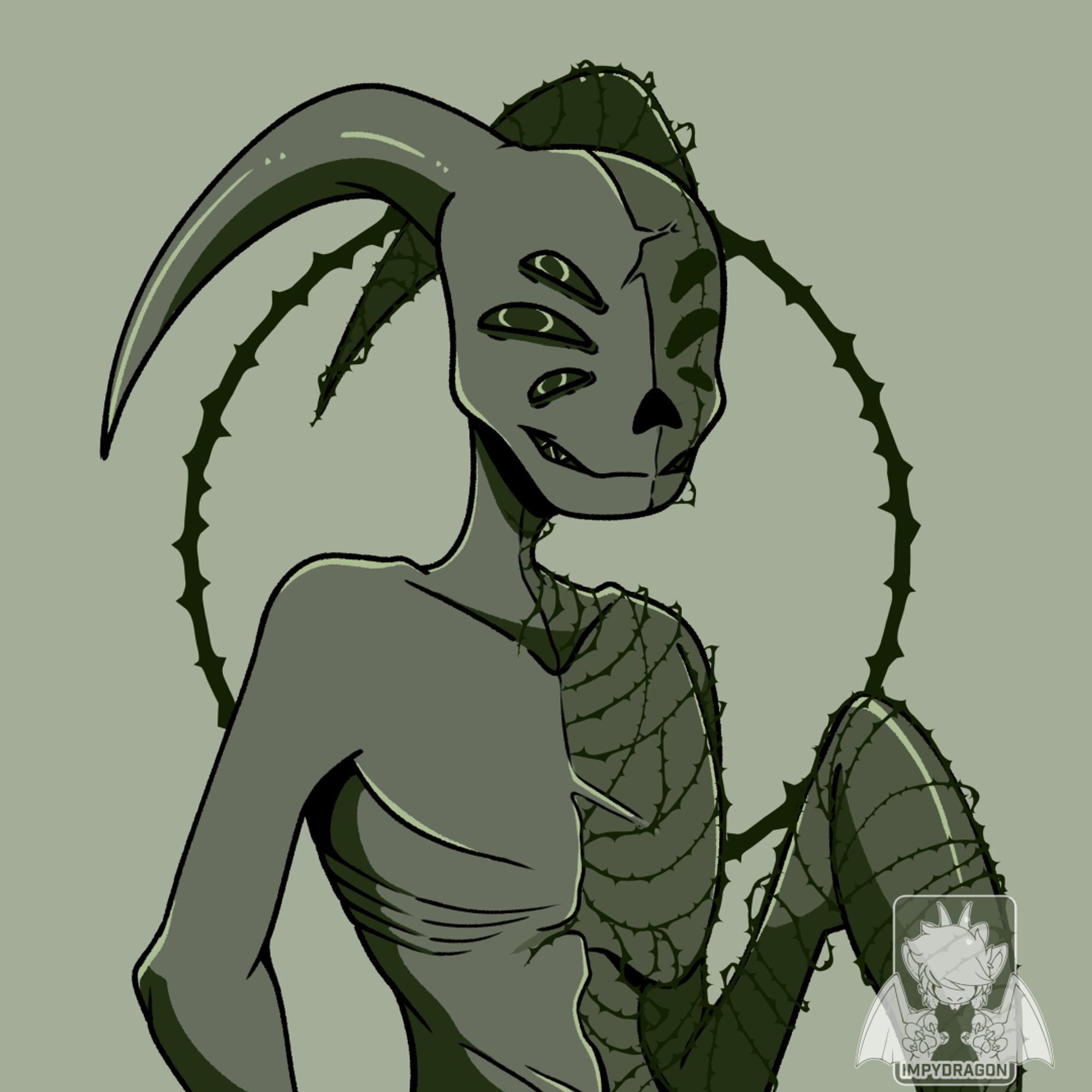 a green monochrome picture; it features a demon, half of his body covered in thorns. He smiles and stares at the viewer with his 6 eyes.