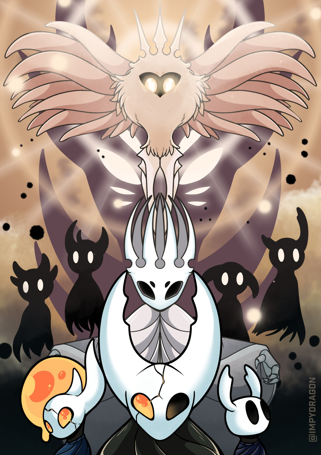 a big hollow knight illustration. there's radiance and the dark lord on the background, midground has some of the siblings and in the foreground the pale king with the knight, the hollow knight and the broken vessel.