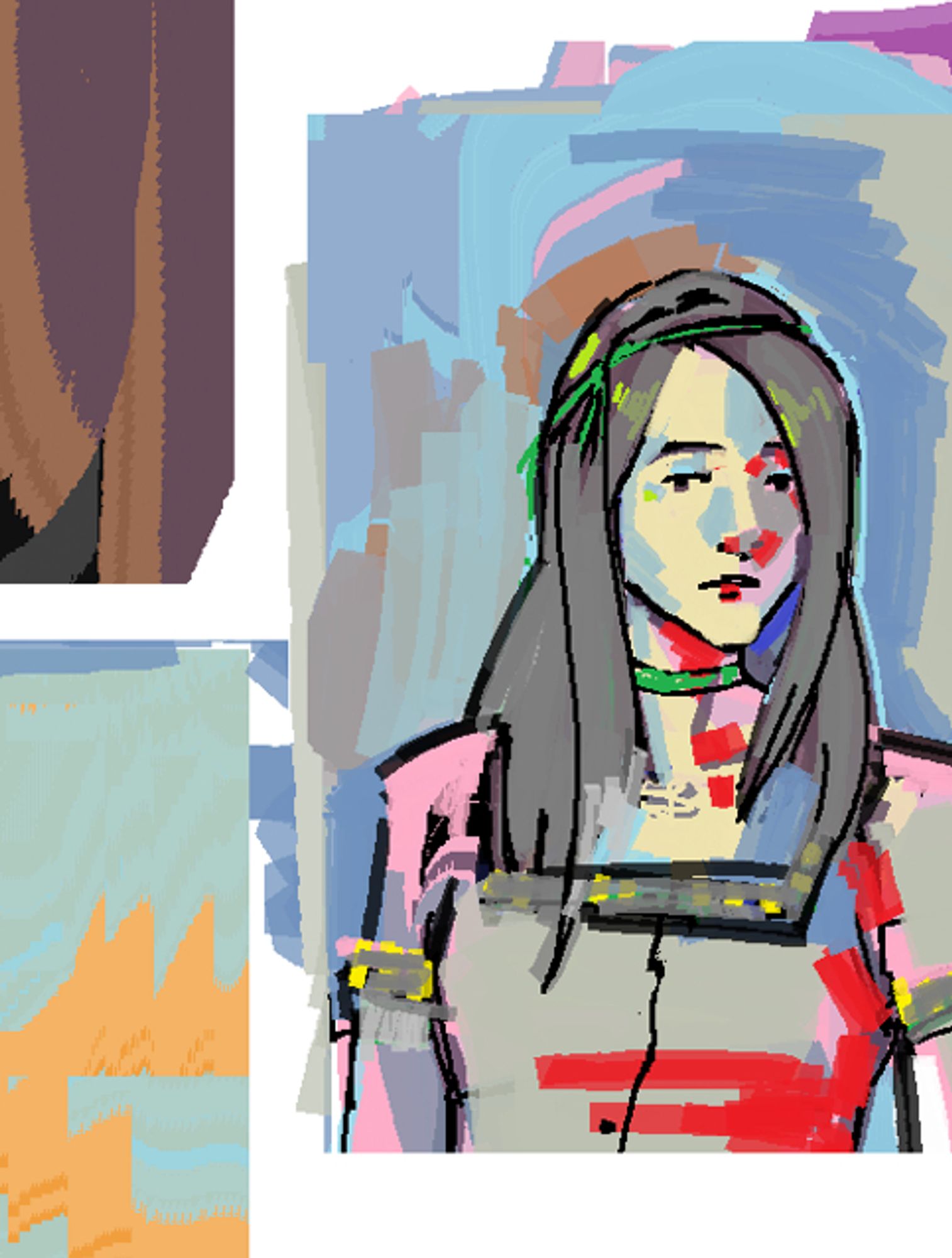 A preview of one of my Paint sketch pages. There's like a drawing of a bust of a woman in antiquated/weird clothes to the right and a bunch of abstract painting separated by some white borders elsewhere.