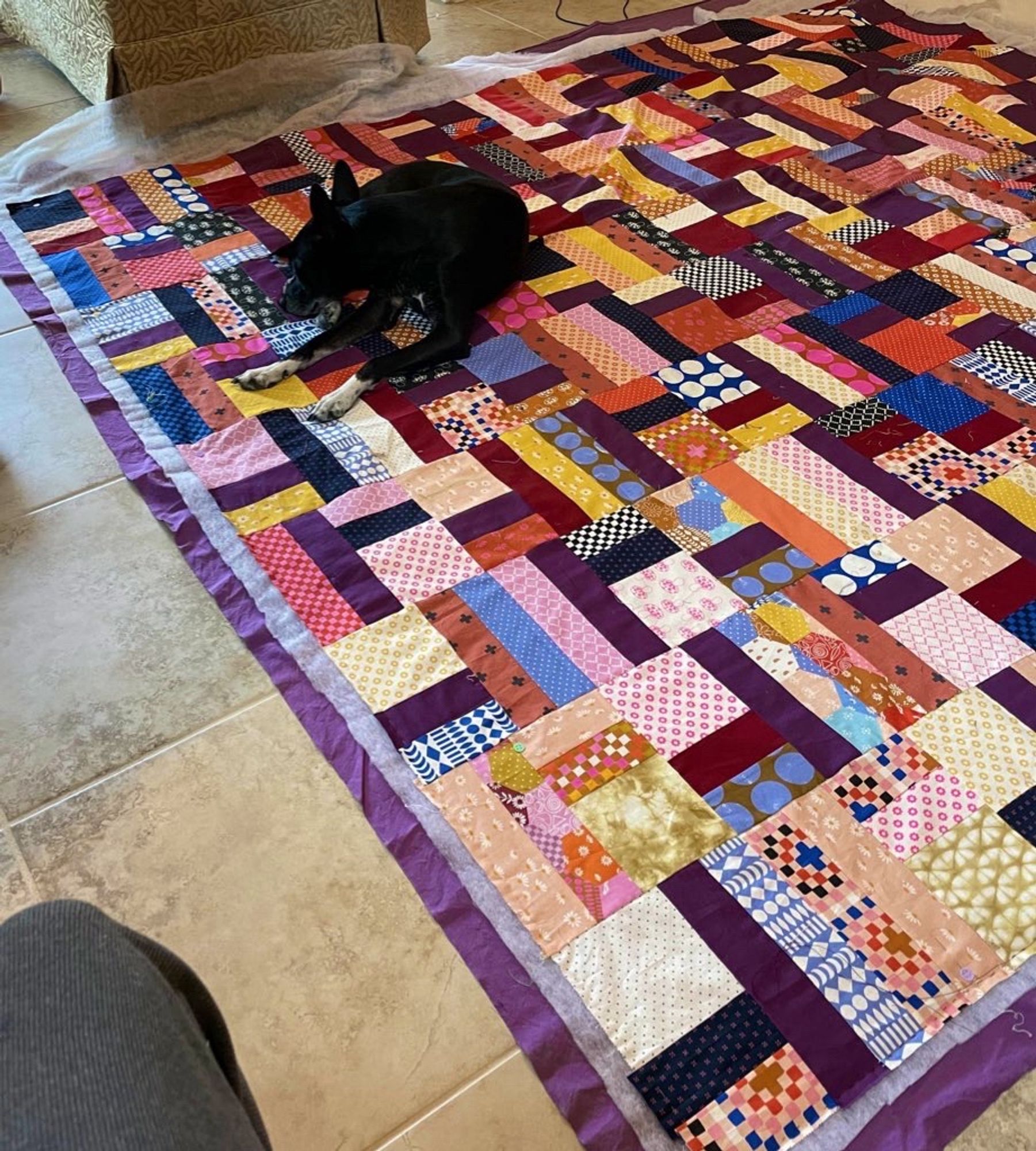 picture of a recent quilt in progress that’s on the floor while I trim down the batting/backing and my dog is disrespectfully lying down right in the middle of it