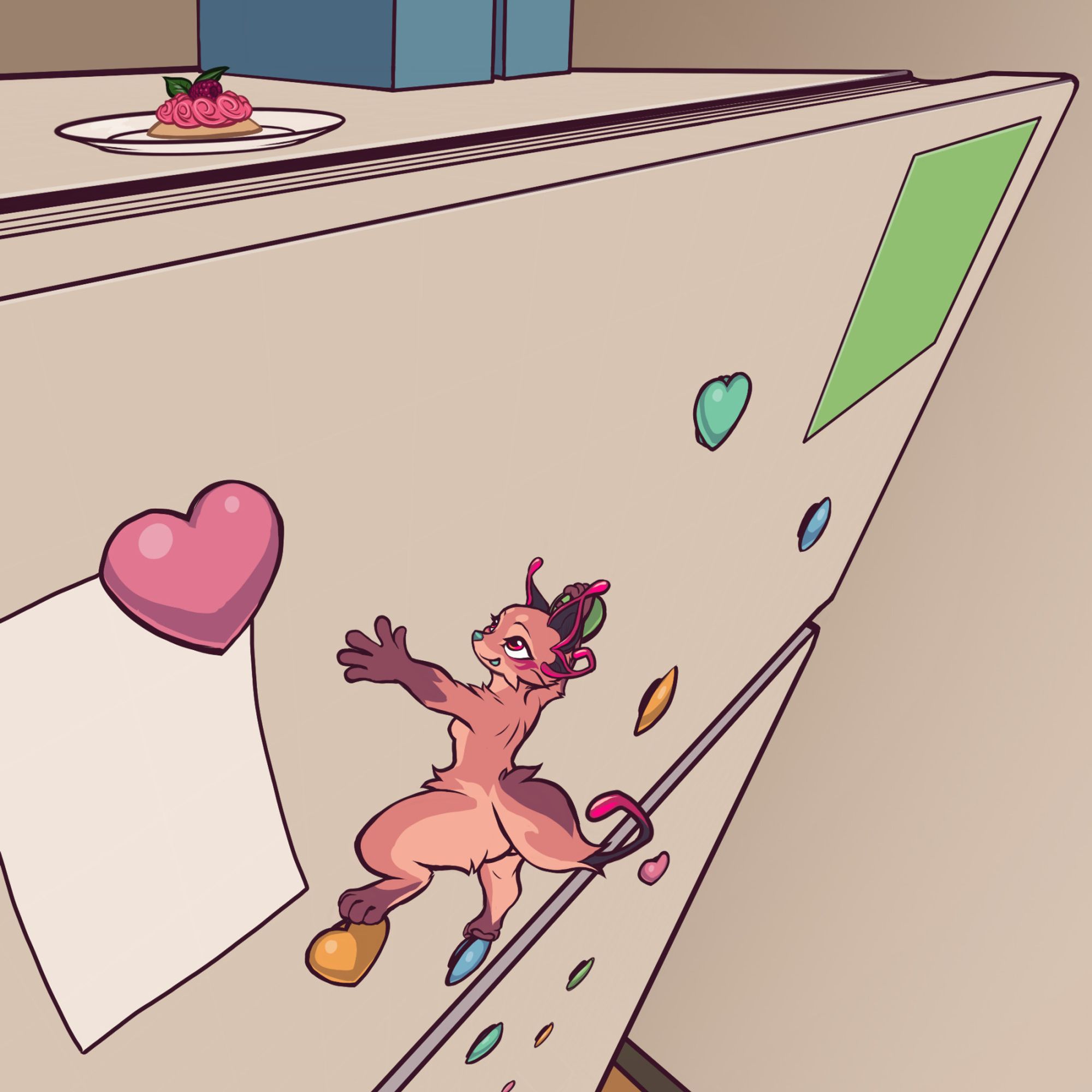 a tiny pink anthro fox climbing a trail of fridge magnets as if it were a rock-climbing course. On top of the fridge is a little cookie on a plate with pink frosting and a raspberry on top.