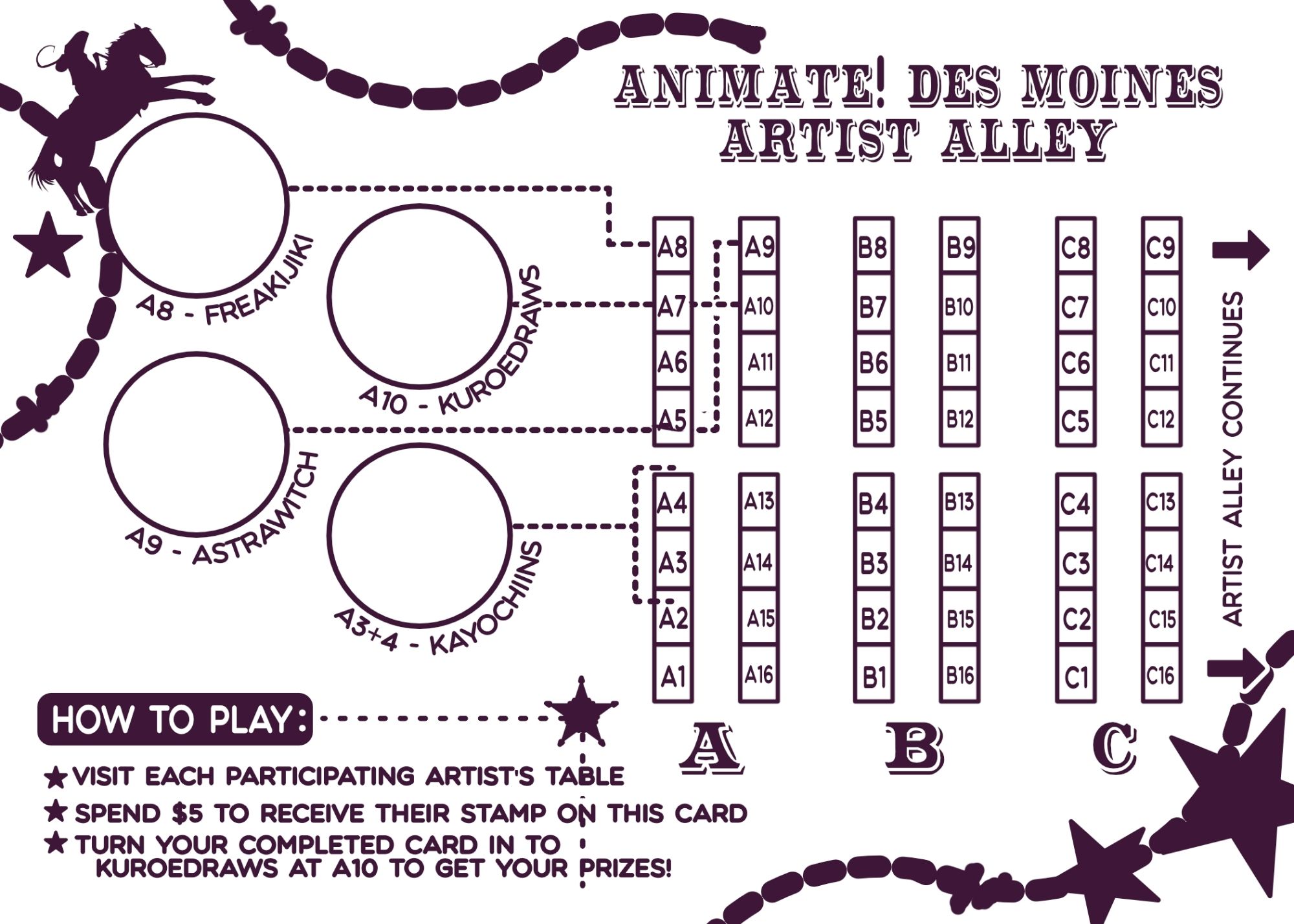 Back of the stamp card with a map of the artist alley, rules on how to play, and spots for artist stamps