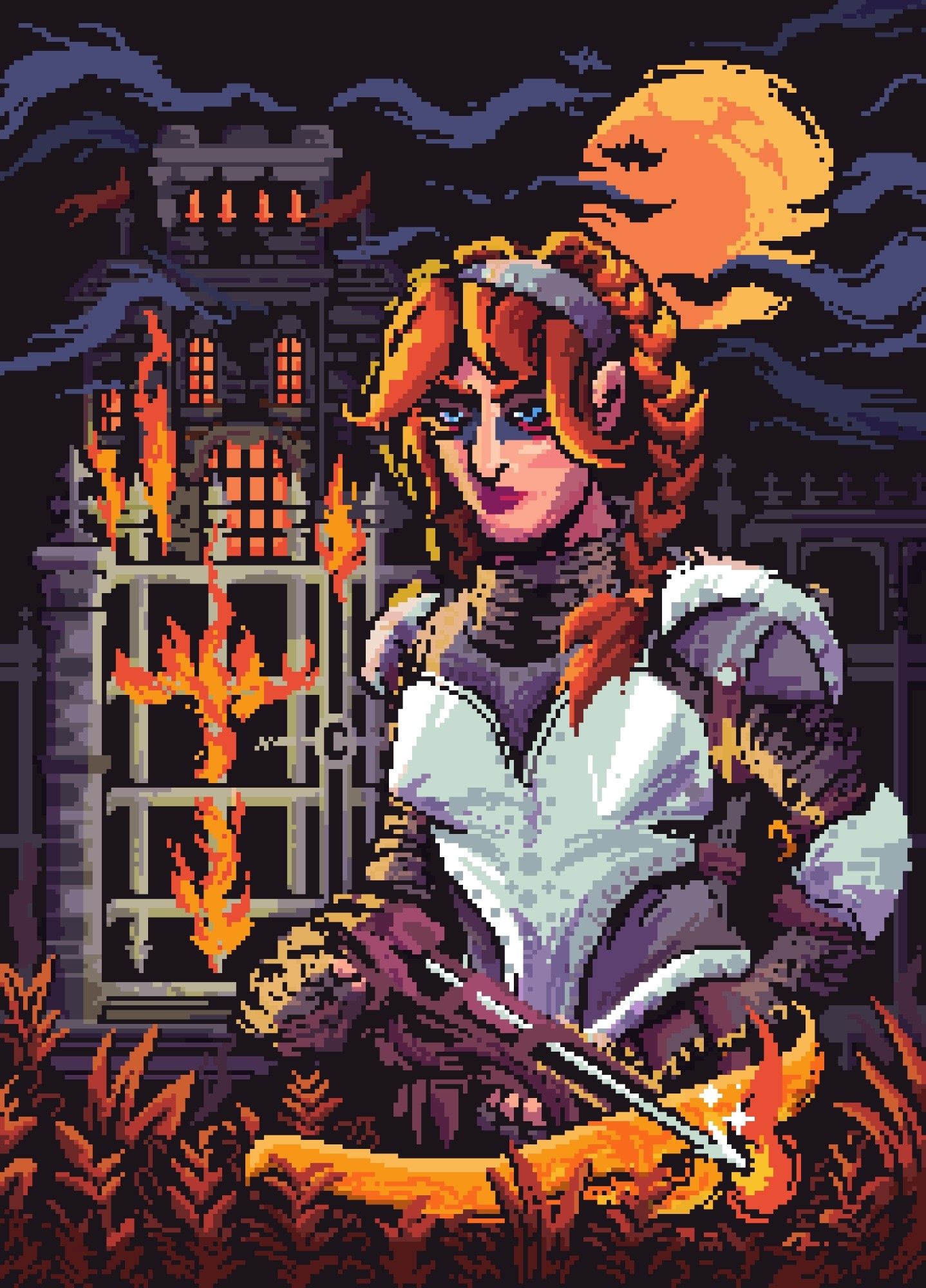 Pixelart of Chappell Roans knight VMA outfit, she's holding the crossbow with a flaming bolt in an orange foliage foreground. A castle burns into the background under a bright moon with smokey clouds