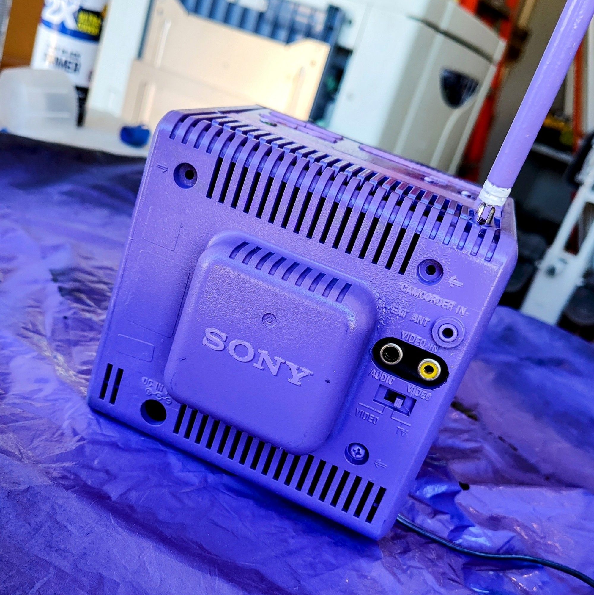 Back of Sony Indextron CRT, purple with light lavender highlights