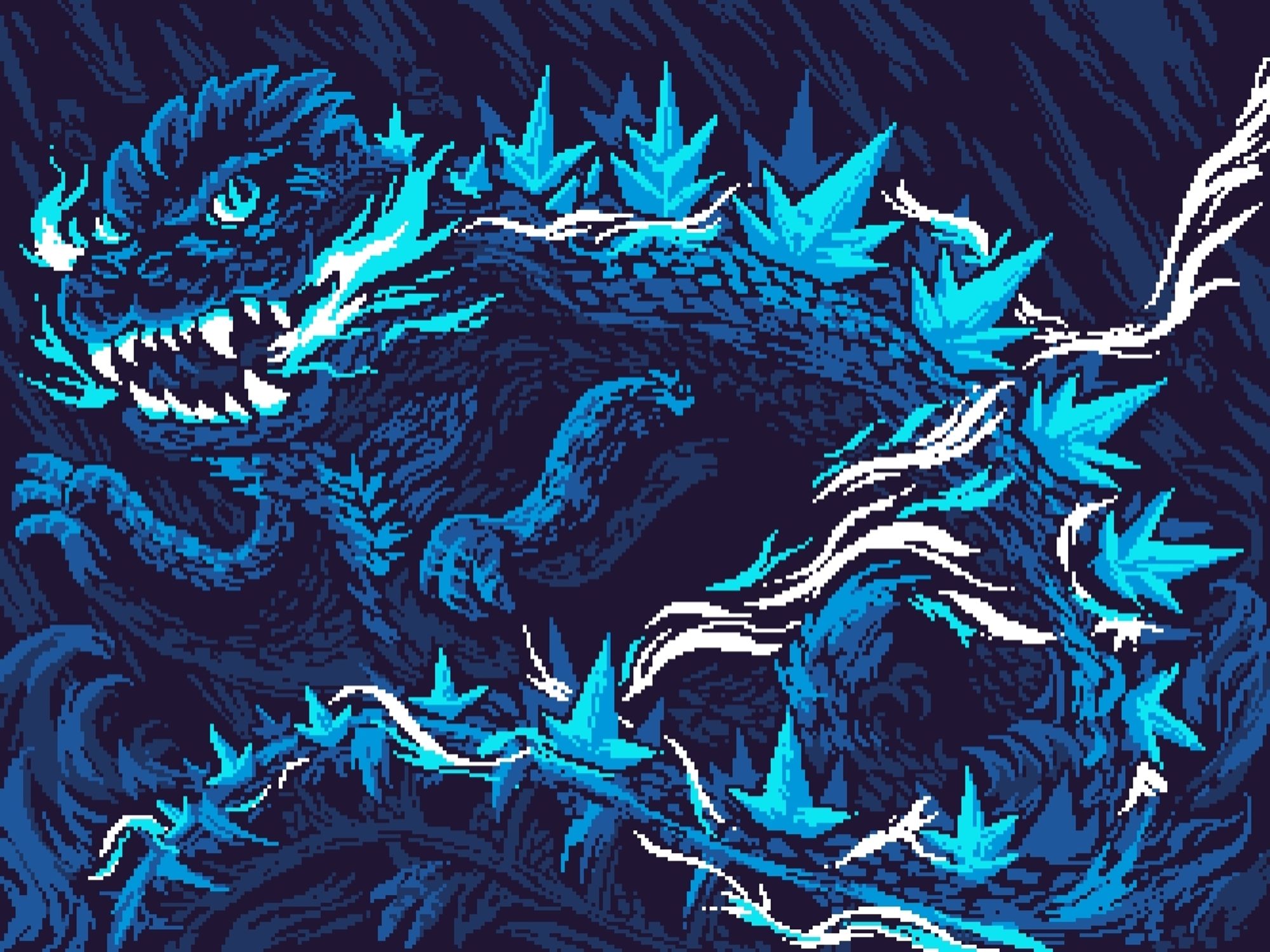 Godzilla with a blue palette in the midst of a rainstorm