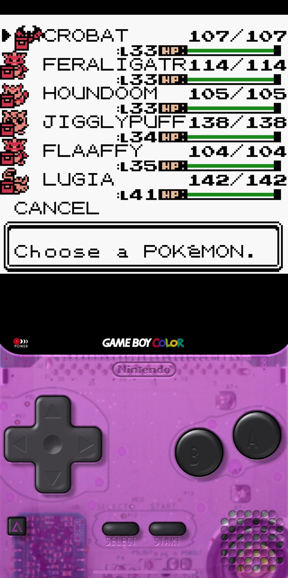 Screenshot of GBC pokemon silver showing the party list with crobat, feraligatr, Houndoom, Jigglypuff, flaaffy, and Lugia