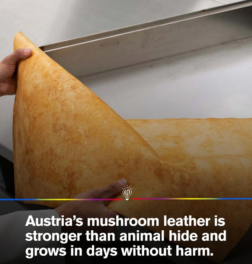 Picture of Austria's mushroom leather invention which is stronger than animal hide and grows in days without harm.