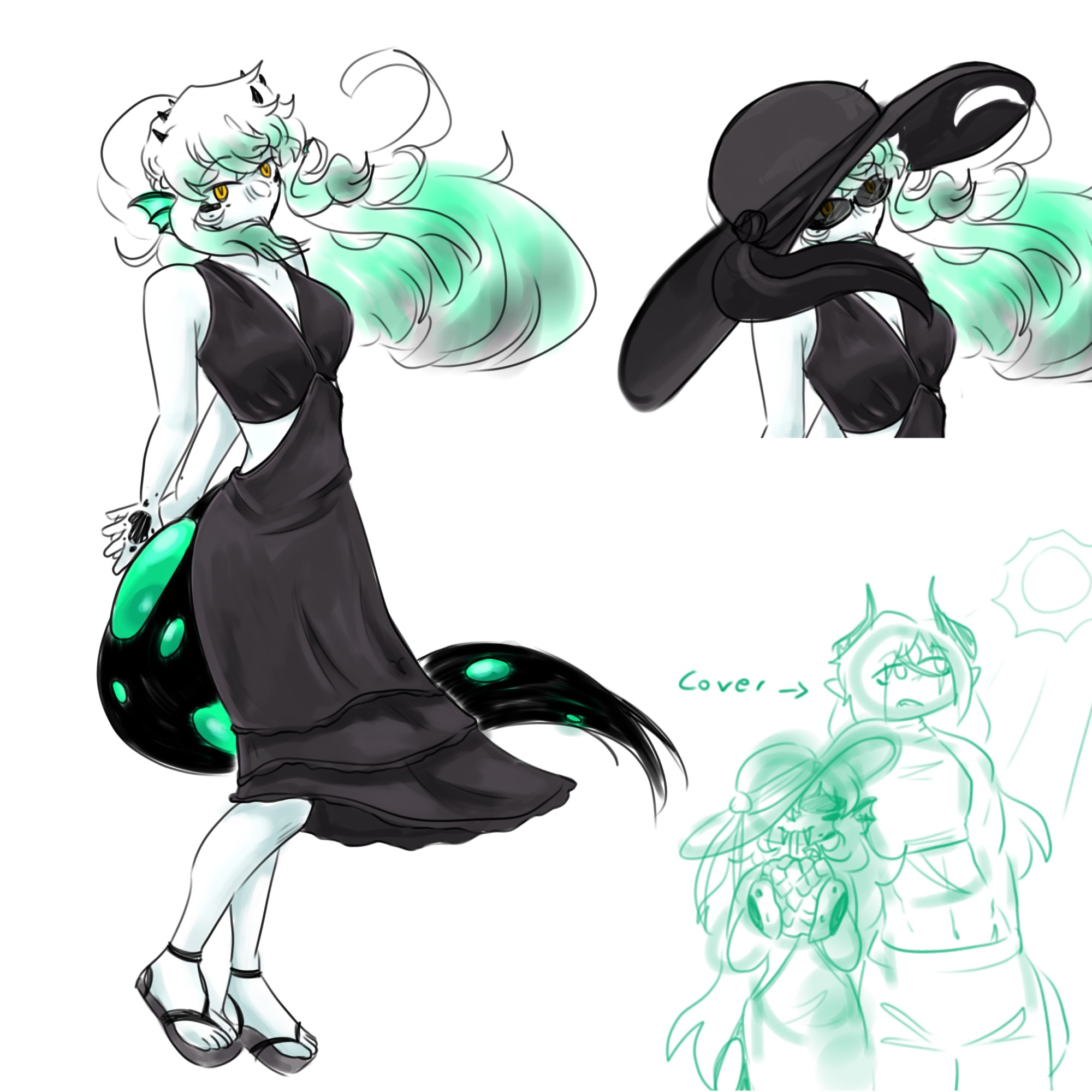 Indra wearing a beach dress, there’s also some doodles of her covering up from the sun, cause it hurts her