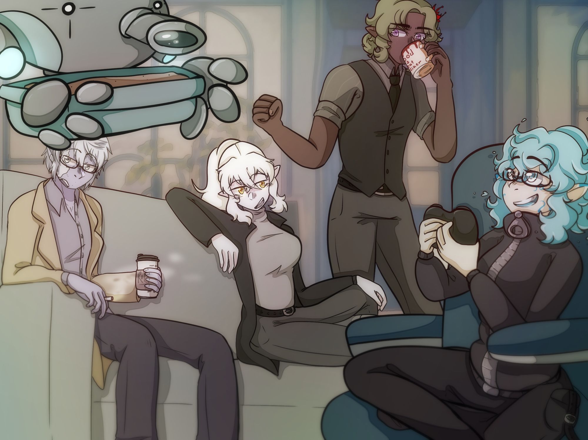 A scene illustration of four friends hanging out. In the foreground there is a small mostly oval shaped robot that is carrying a tray with a recently baked cake, they are being piloted by Altair, a short sylph (part air elemental) who is sitting on a spiny chair with a video game controller. Rolf, an old drow is sitting on a couch besides Indra, a very tall Kayal, Rolf is holding coffee on one hand and cigarette on the other while Indra is leaning back with a face that suggests she just made a joke. Behind them is Jasper, an, also very tall, Oread (part rock elemental) seconds before friendly-ly hitting Indra on the head for making whatever that joke was, he is holding a cup that reads Blood is Great Fertilizer, most of it is covered due to the angle, but I just felt like sharing that.