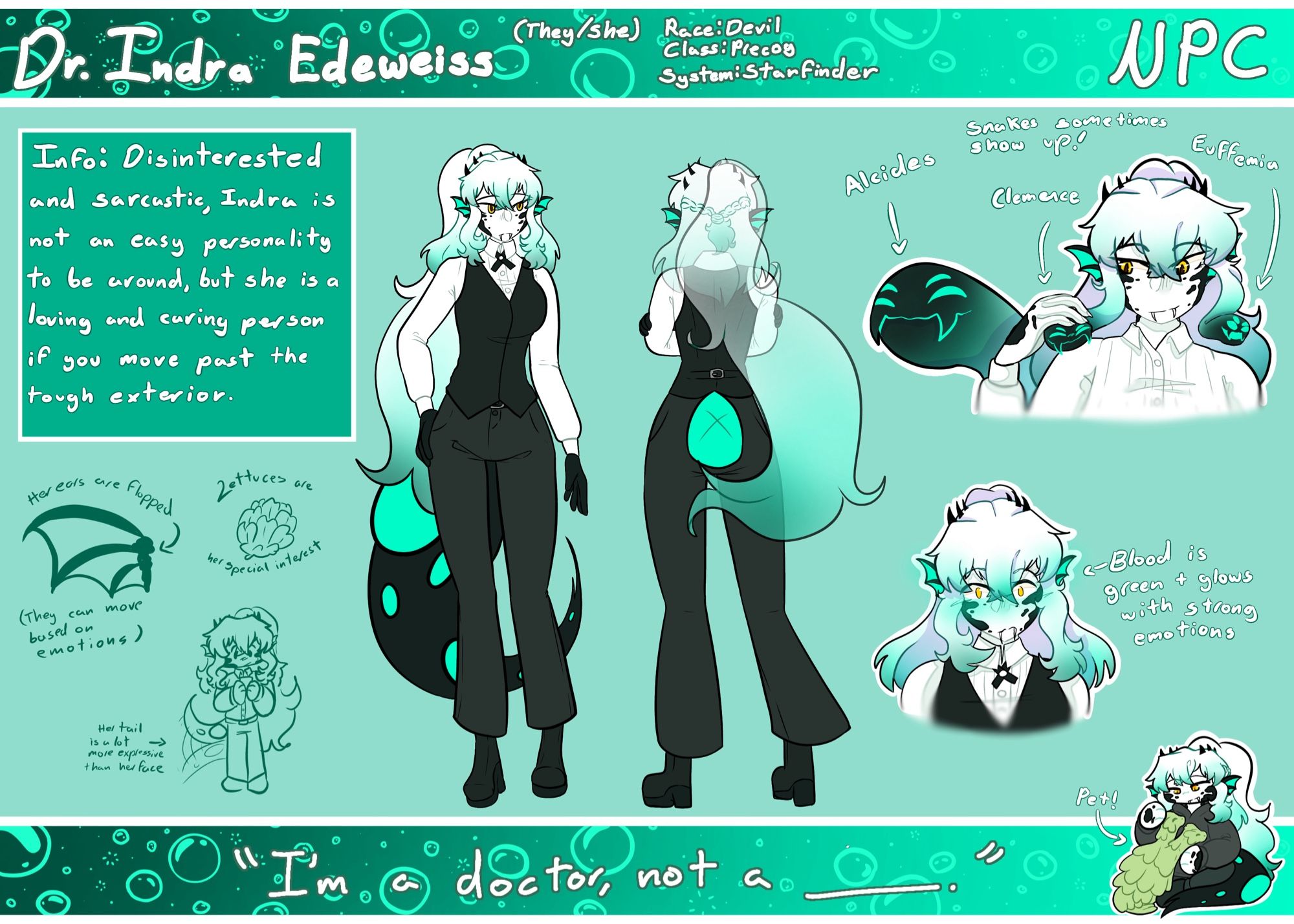 A reference sheet for Indra, featuring a fullbody front shot, a fullbody back shot, to busts and a chibi. Indra is a tall pale devil with white hair, yellow eyes and a few teal highlights in their ears and tail. They are wearing black boots, pants, a dress shirt and a vest.