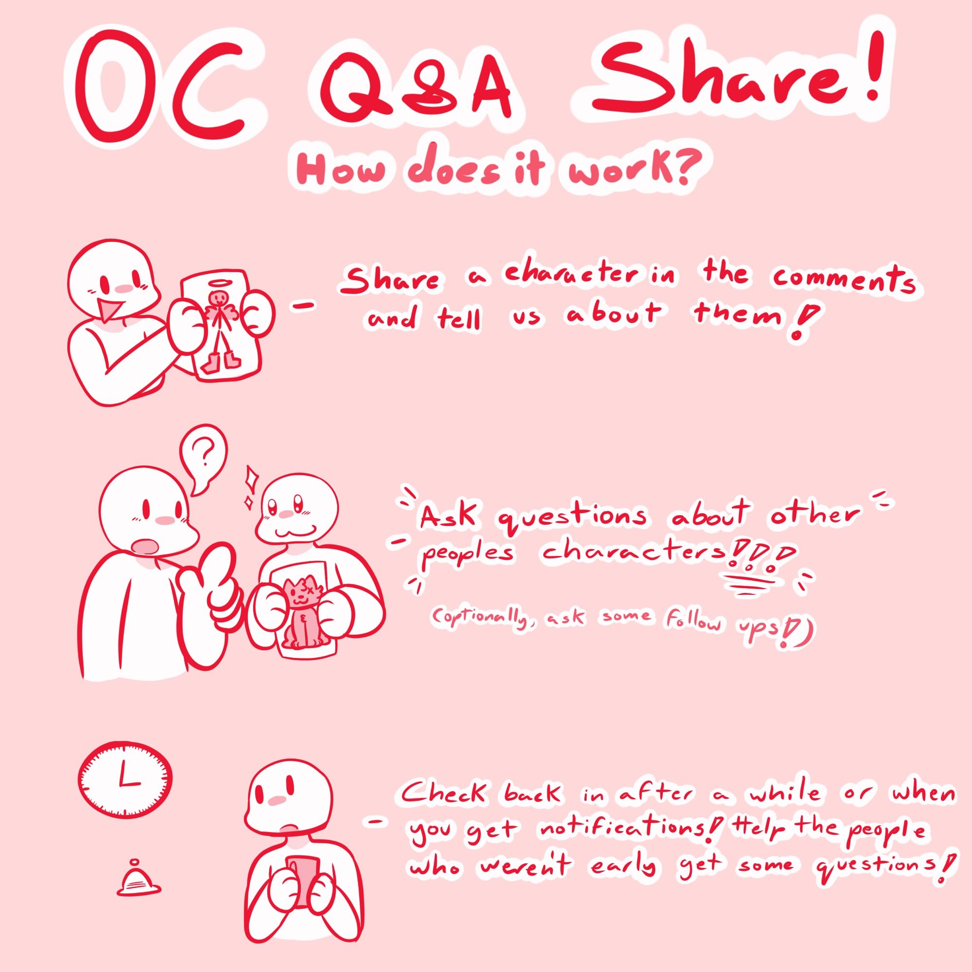 A pink page with several chibis illustrating someone showing off their character, someone asking a question to someone else about a character, and someone looking at the time. Beside them there is text that reads the same as the caption.