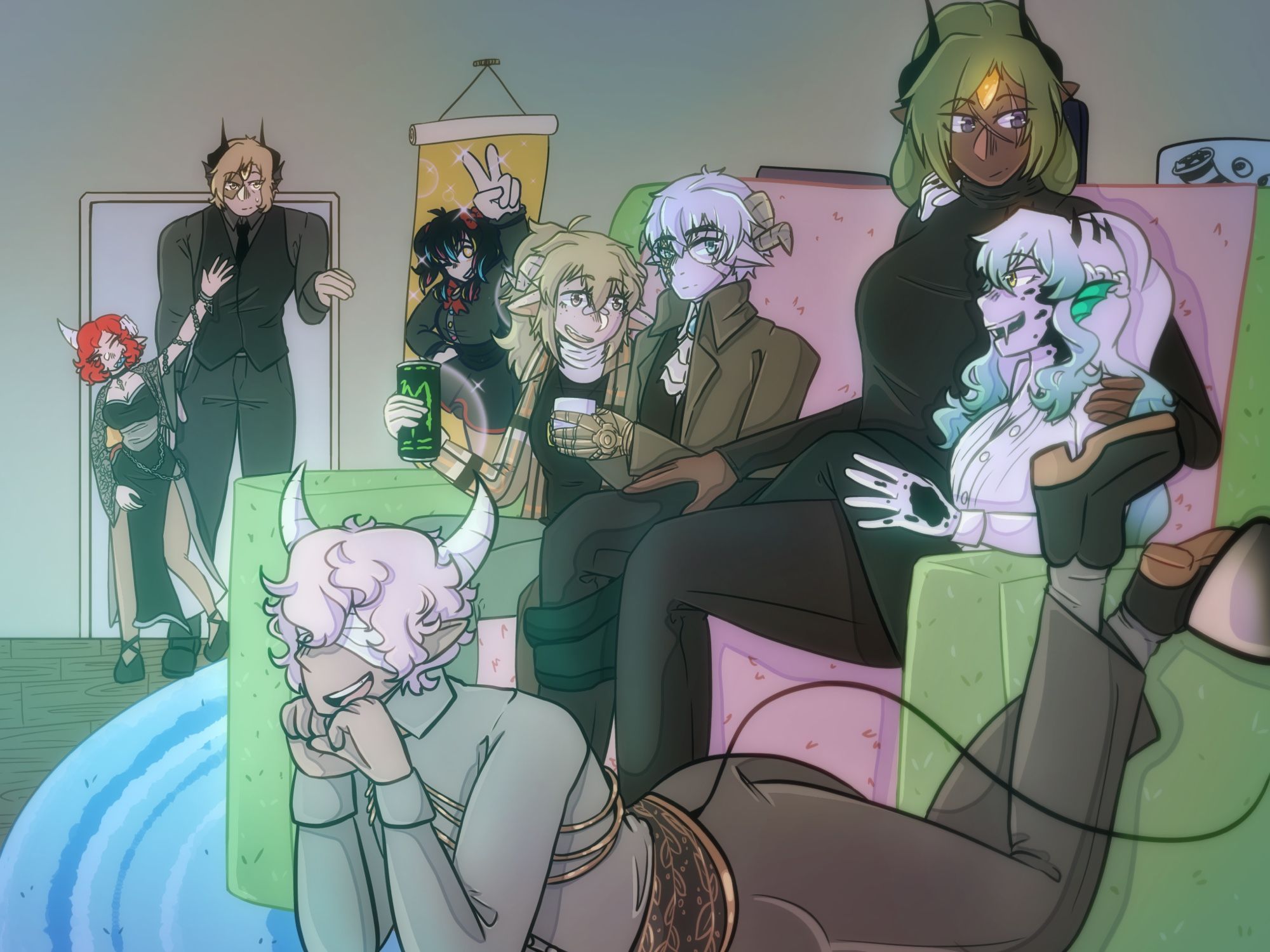 A group illustration, on the foreground there is Lavander, a short daemon with pink hair laying on the floor, behind him there is a green couch where Indra, an almost entirely white devil with some black scales and aqua accent is sitting, partially atop Vigita, a very large demon with a magma eye, besides them sits Avalon, a white haired very steampunk looking man who is drinking coffee, and Erith, a a blonde devil drinking monster. In the back there is Erebus, a short demon holding two bags of chips and waving as Maven, a somehow taller than Vigita devil enters the room looking like the most socially awkward man in history, partially because he is, and partially cause I thought it would be funny.