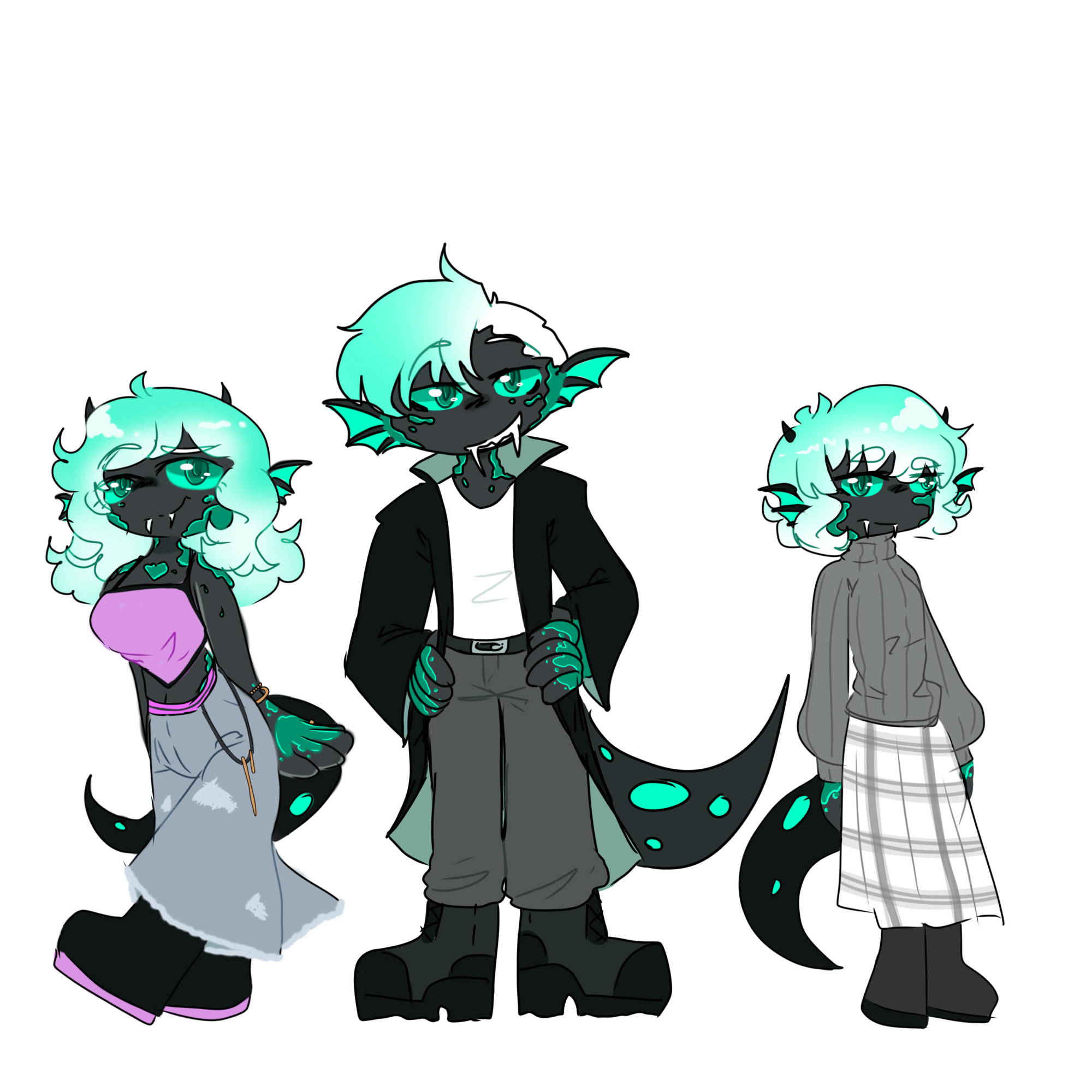 A chibi reference of three characters, all three of them have dark grey skin and aqua scales in some spots of their bodies as well as floppy reptilian ears, snake fangs and white and aqua gradient hair. The one on the left is female presenting, has long hair and is wearing a purple top and grey ripped jeans, she’s Clemence, the one in the middle looks like Danny from Grease and JD from Heathers tries to style tutor a guy (he is wearing a white tank top, grey jeans, black boots and a black coat), He’s Alcides and lastly there is Euffemia, who has short hair and is wearing a grey turtleneck and a pleated white a grey skirt.