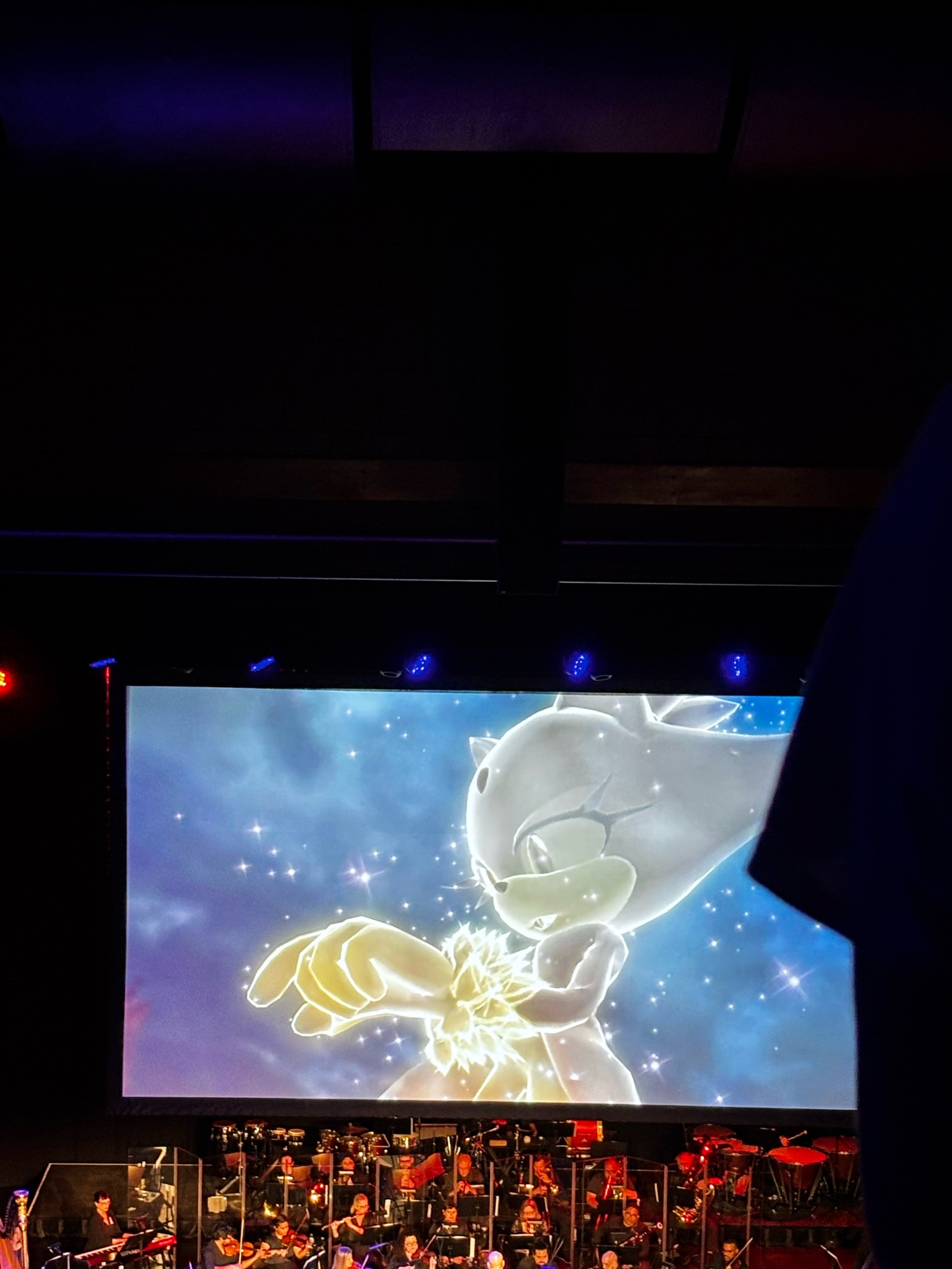 Blaze the Cat dematerializes on a screen at the Sonic the Hedgehog Orchestra.