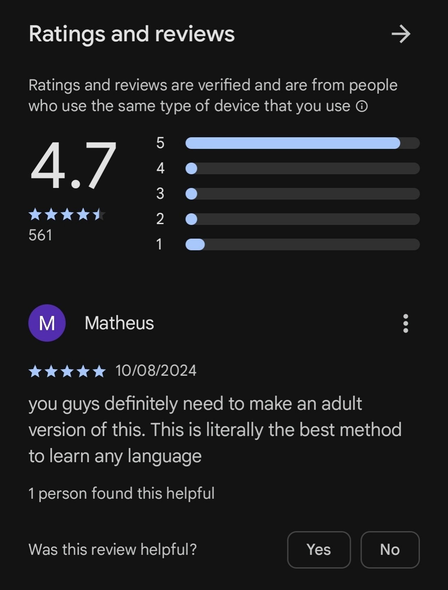 Review on Google play store. Average rating 4.7.

One of the reviews says: You guys definitely need to make an adult version of this. This is literally the best way to learn any language.