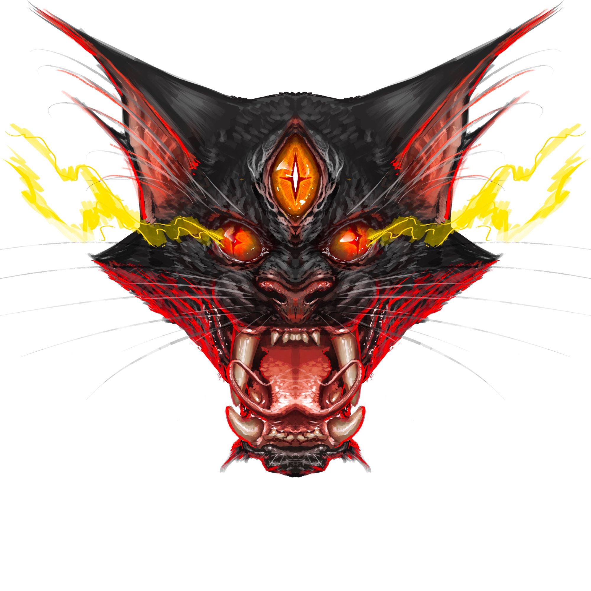 Digital art illustration of a black demon cat (facing the viewer, and completely symmetrical) roaring. The demon cat has 3 red orange eyes and a formers tongue. This one has a solid white background 