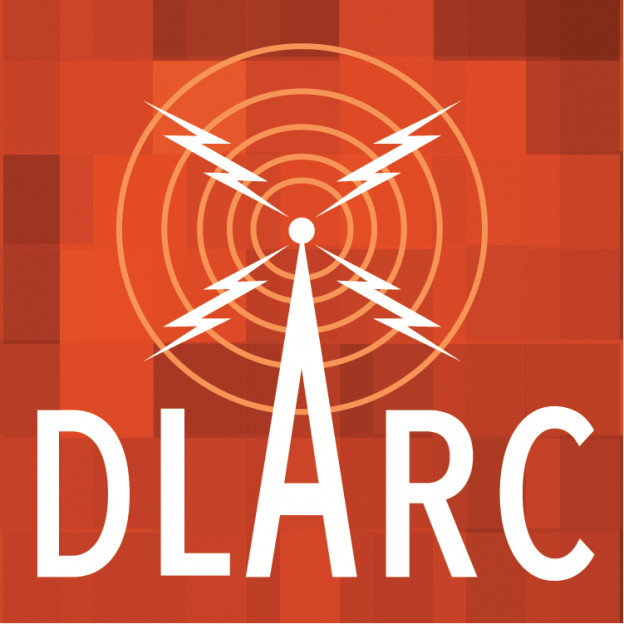 DLARC logo in white, featuring a radio tower, on an orange background.