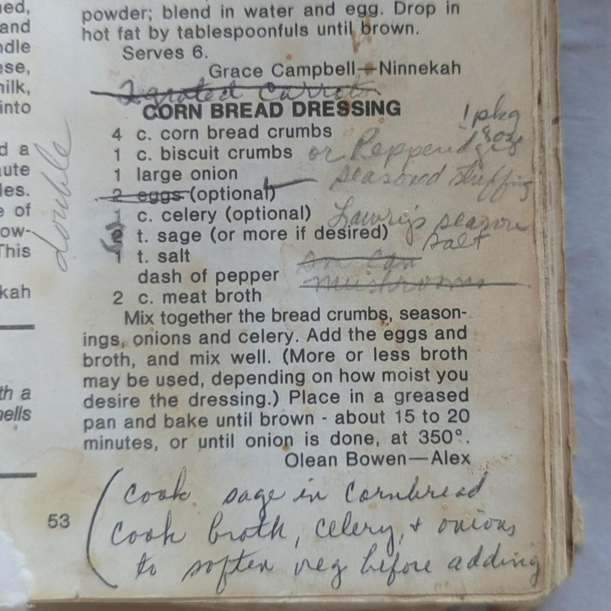 A well-annotated recipe clipping for Corn Bread Dressing