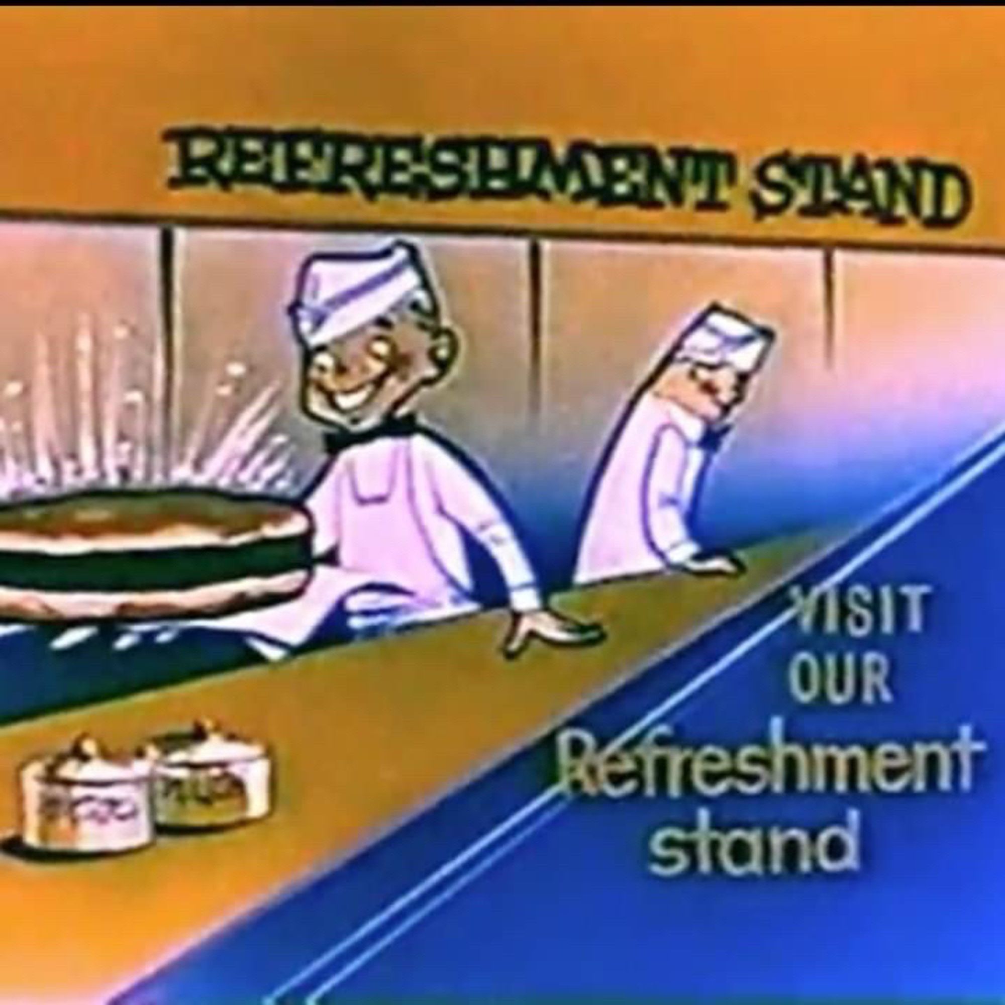 Still from a drive-in refreshment stand ad, featuring two workers serving food at a counter.