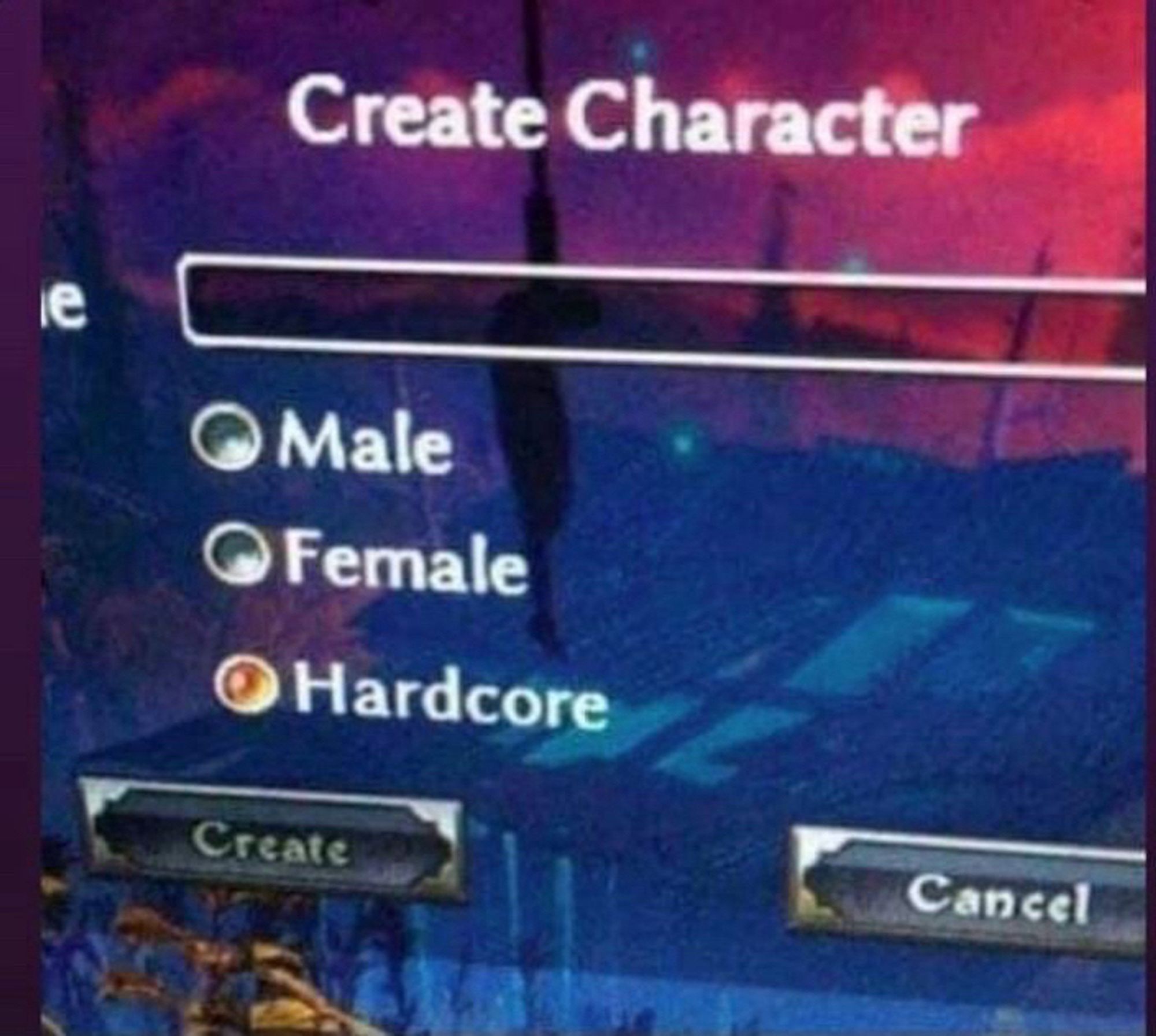 a screenshot from a game character creator showing the three genders: male, female, and hardcore