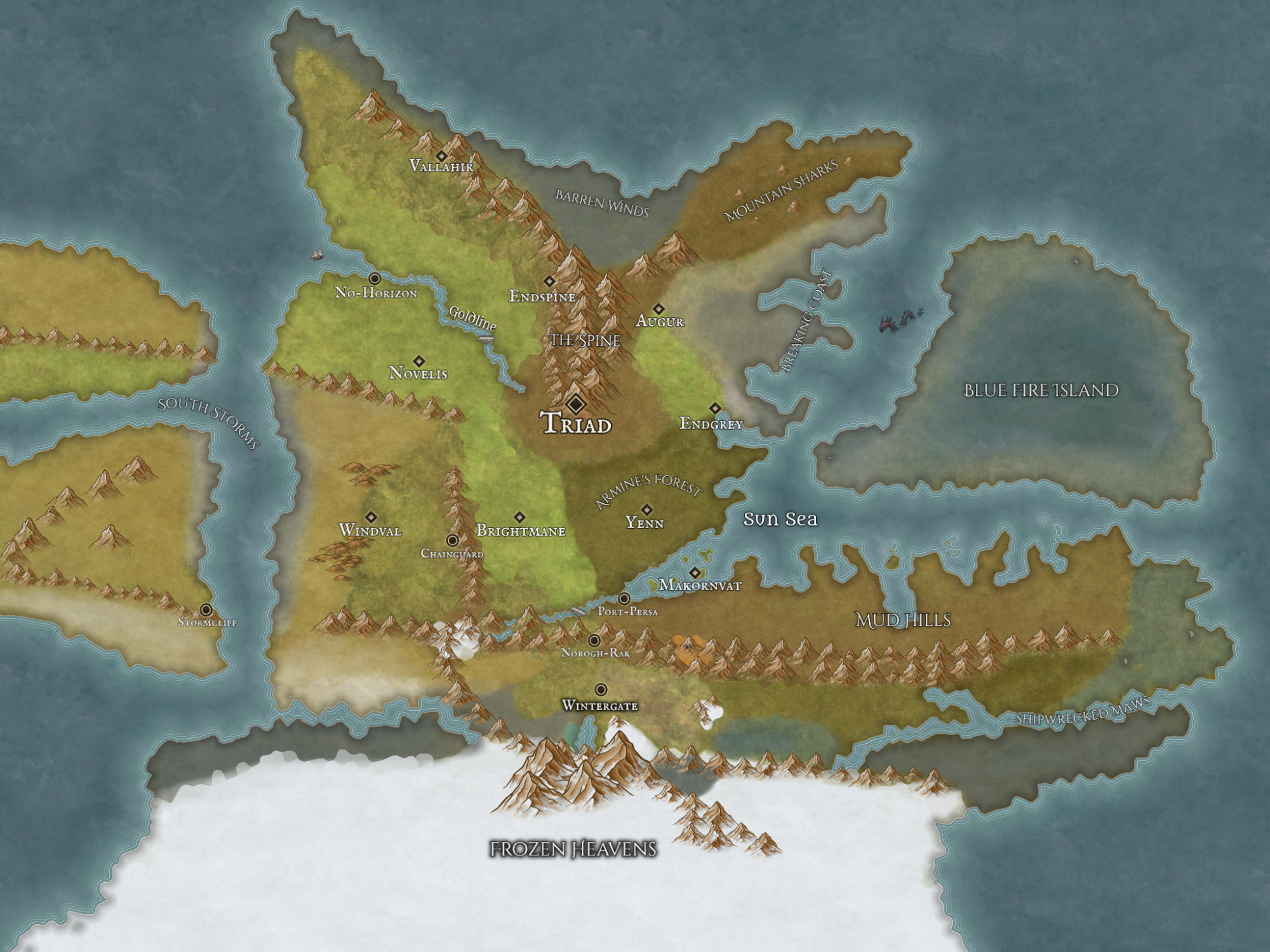 A clean version of the rough. Mountain ranges divide the main landmass, a frozen expanse takes a quarter of it in the south.